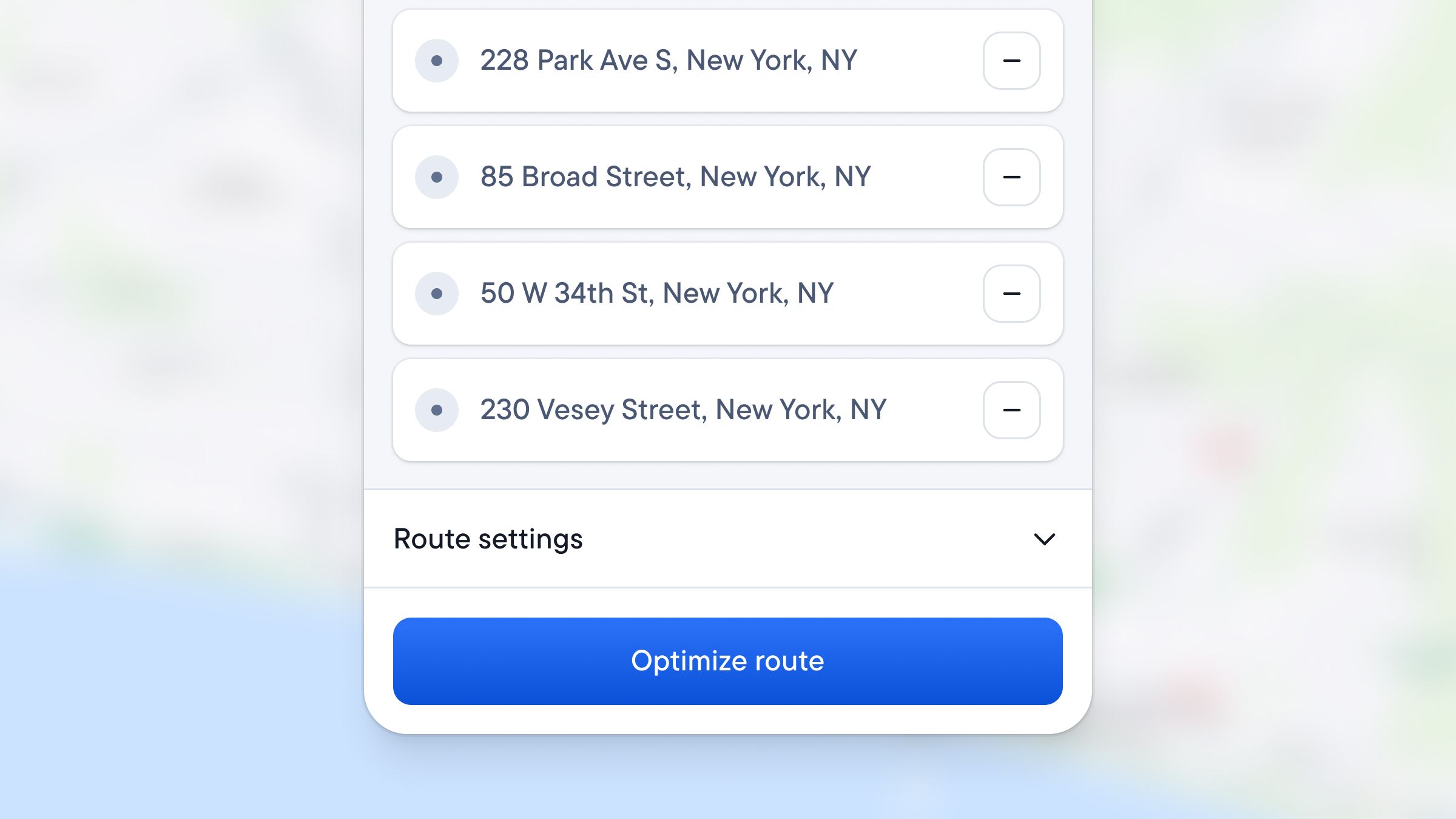 A route planning interface showing four New York City addresses and an "Optimize route" button.