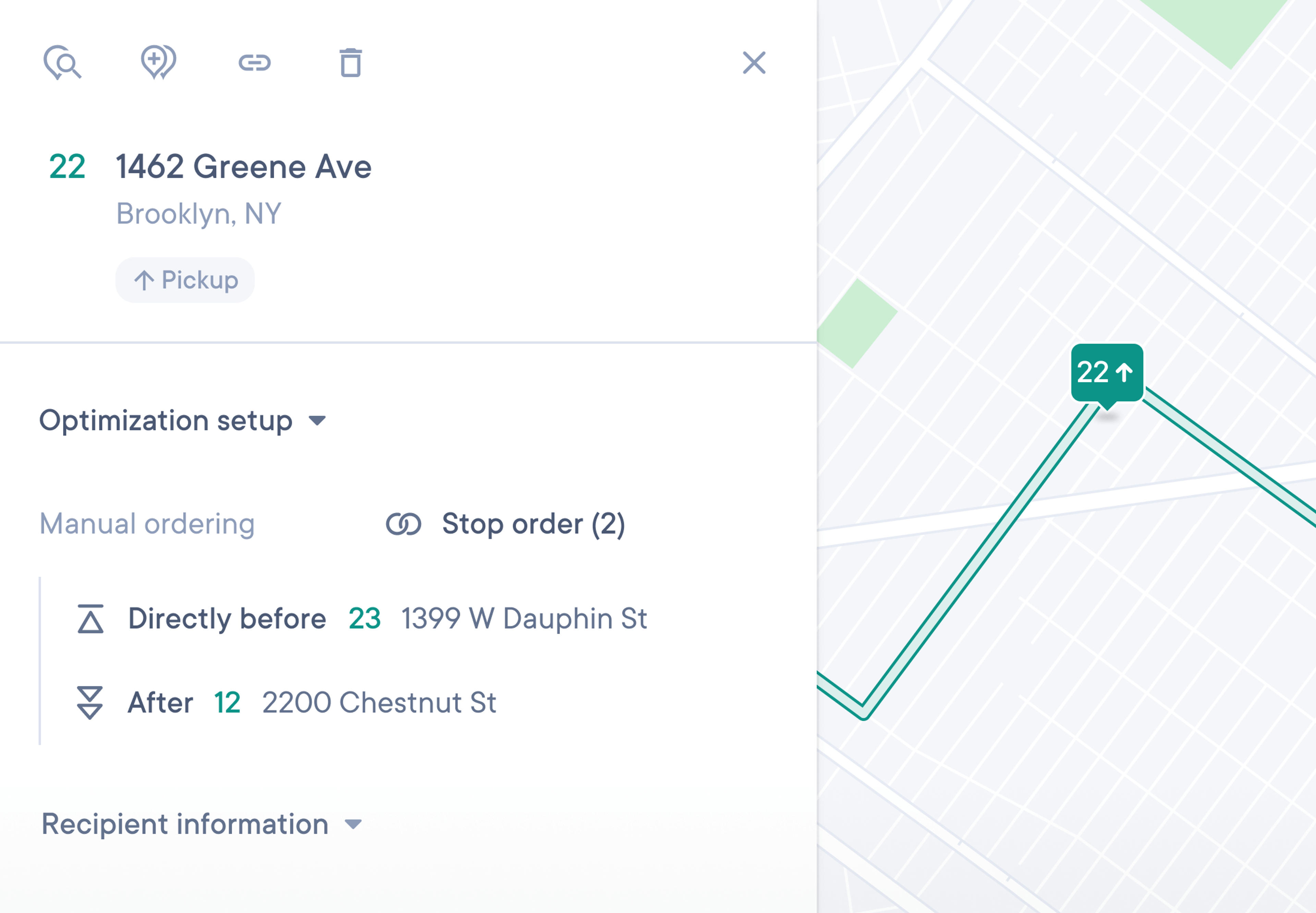 Map‑and‑panel view for stop 22 at 1462 Greene Ave, Brooklyn, NY, marked with a green ‘22’ bubble and ‘Pickup’ tag. Left panel titled ‘Optimization setup’ set to ‘Manual ordering’ with a linked ‘Stop order (2)’ section listing two constraints: ‘Directly before 23 1399 W Dauphin St’ and ‘After 12 2200 Chestnut St’. A map on the right shows a green route line connecting stops 22→23.