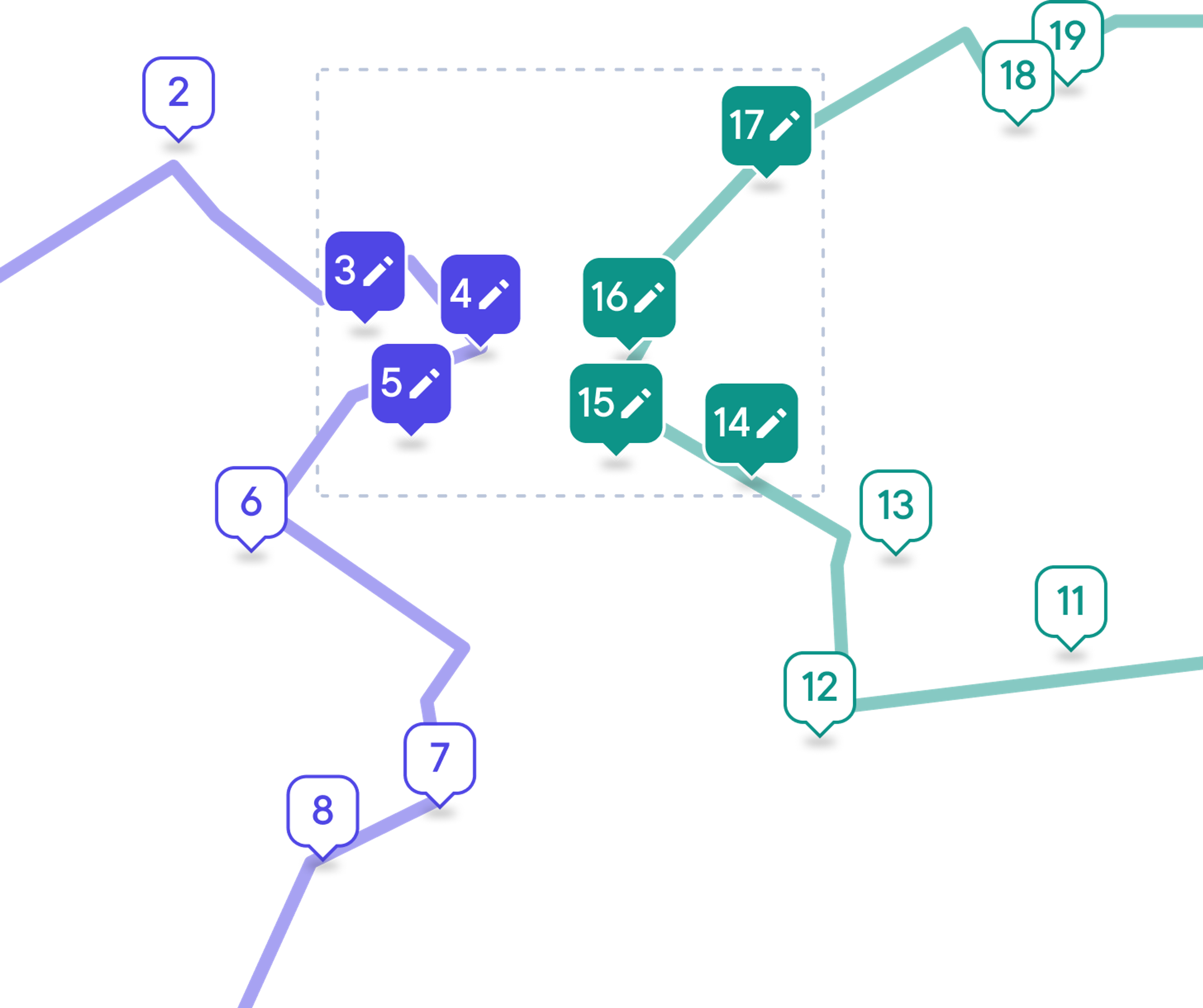 Map with numbered delivery stops in purple and green, highlighting stops 3–5 and 14–17 inside a dashed selection box indicating batch editing mode.