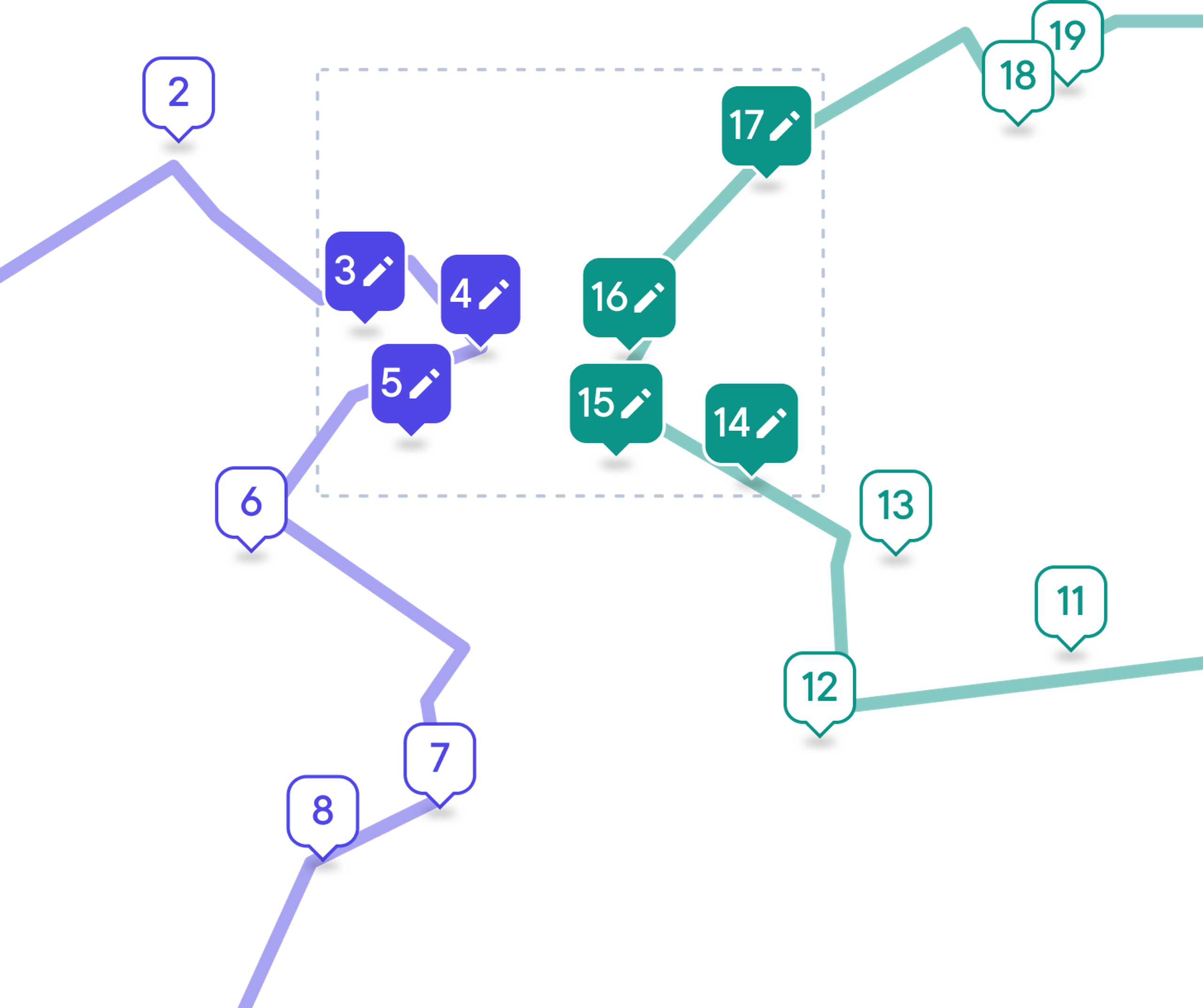 Map with numbered delivery stops in purple and green, highlighting stops 3–5 and 14–17 inside a dashed selection box indicating batch editing mode.