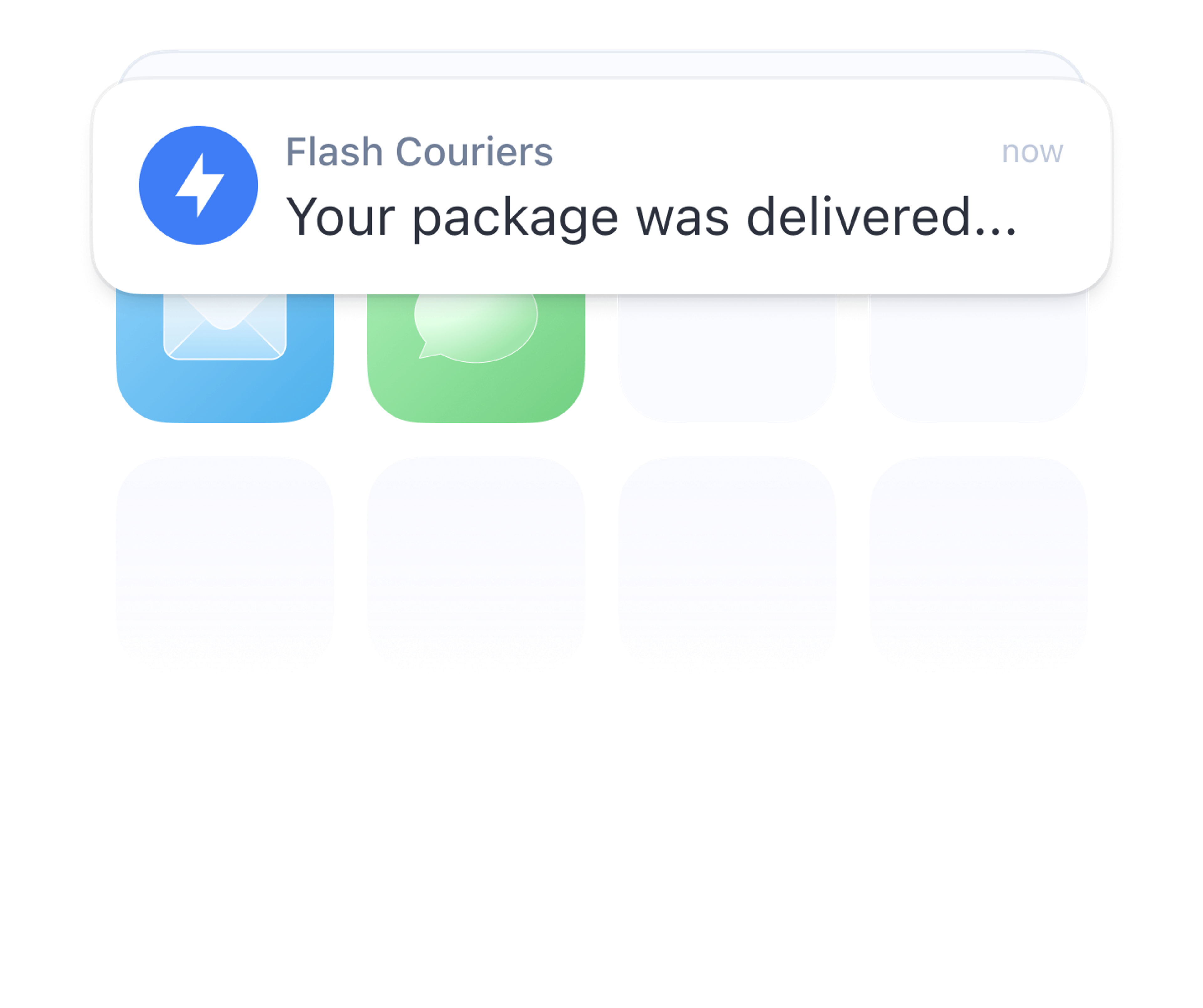 Smartphone notification from Flash Couriers reading ‘Your package was delivered…’ above standard app icons.