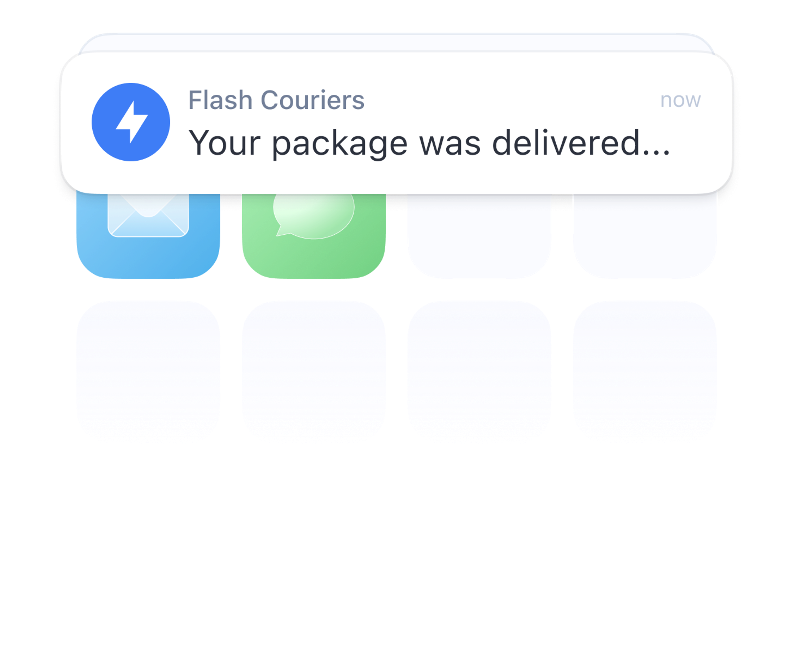 Smartphone notification from Flash Couriers reading ‘Your package was delivered…’ above standard app icons.