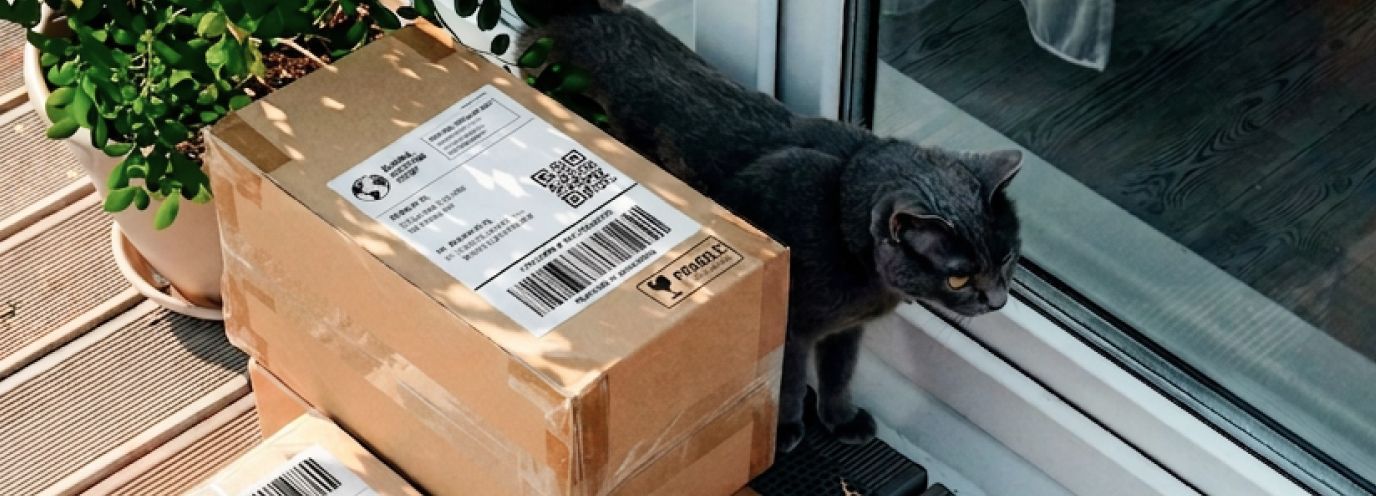 A delivered cardboard package on a doorstep with a grey cat beside it.