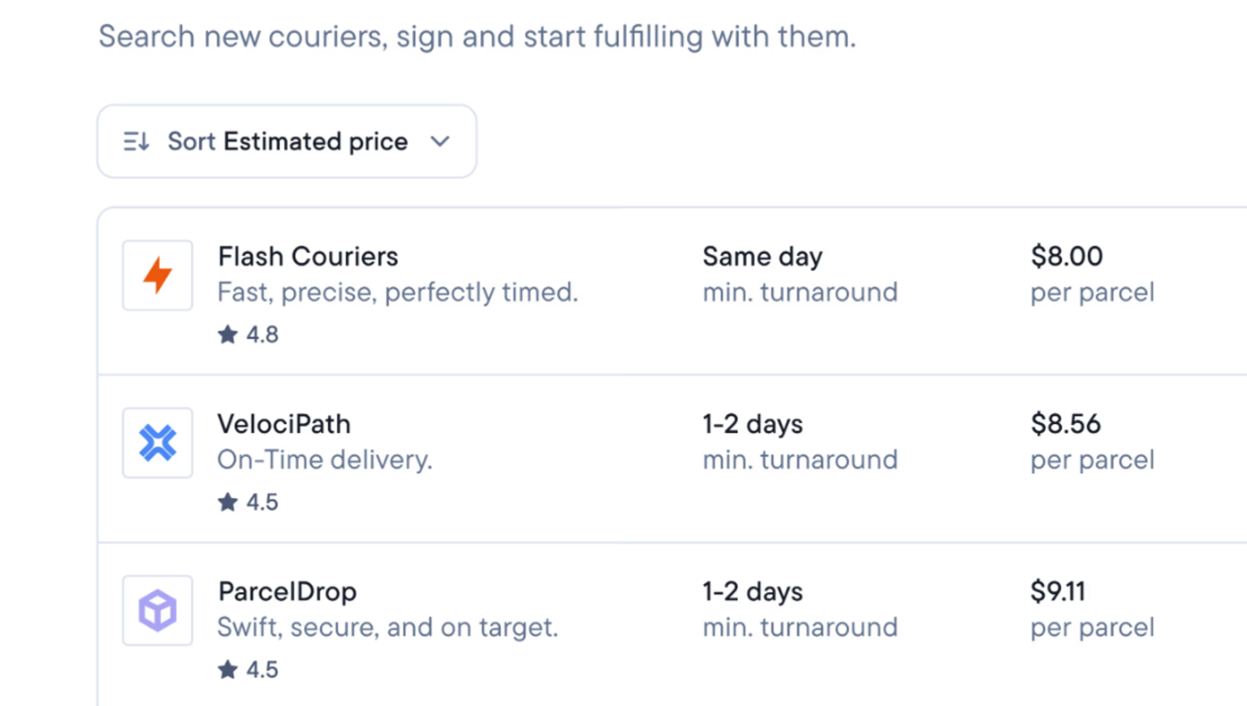 A user interface displaying a list of courier services, including names like Flash Couriers and VelociPath, with their star ratings, delivery turnarounds, and per-parcel prices, sorted by estimated price.