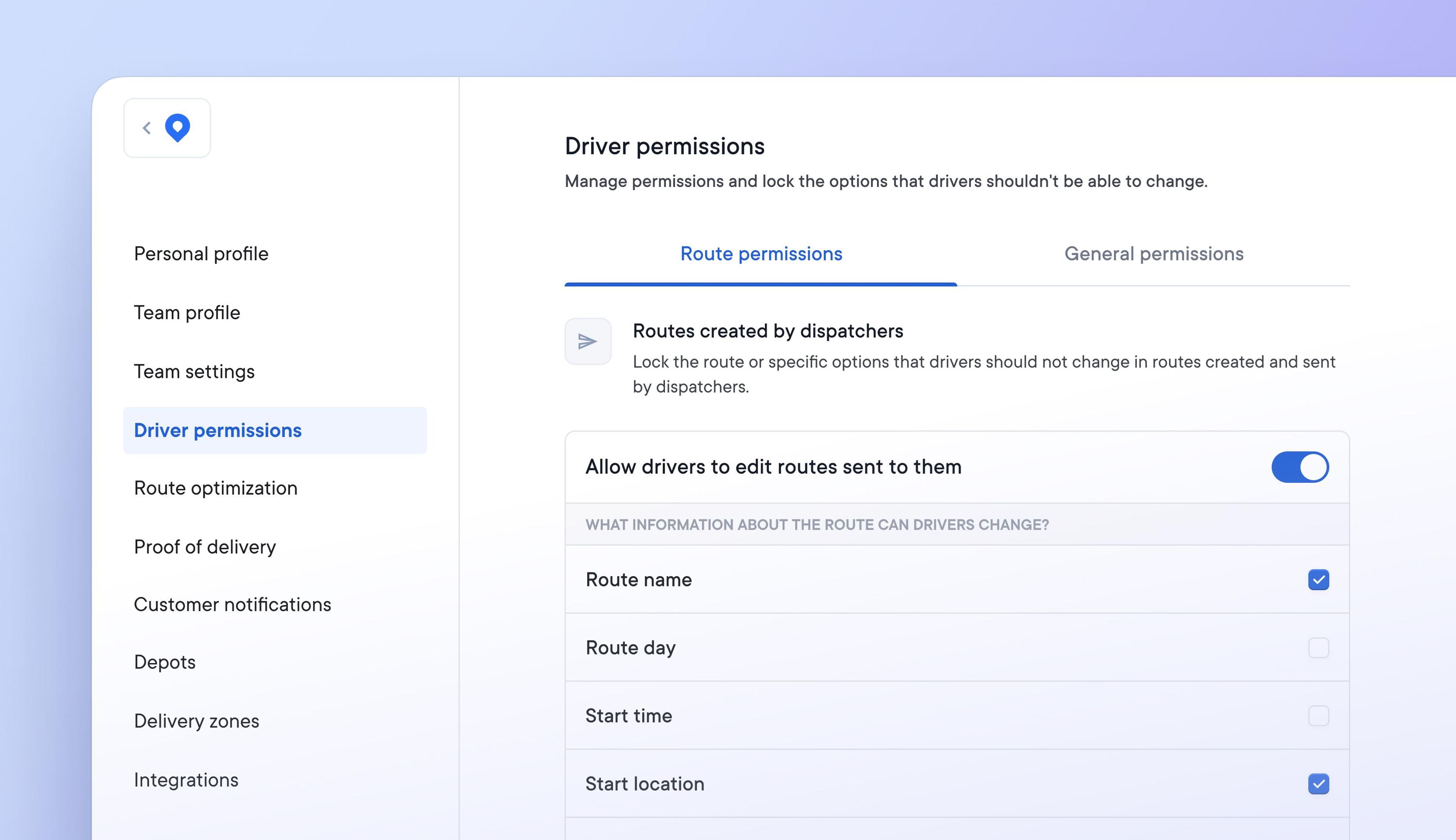 Allow drivers to edit specific route settings with customized permissions