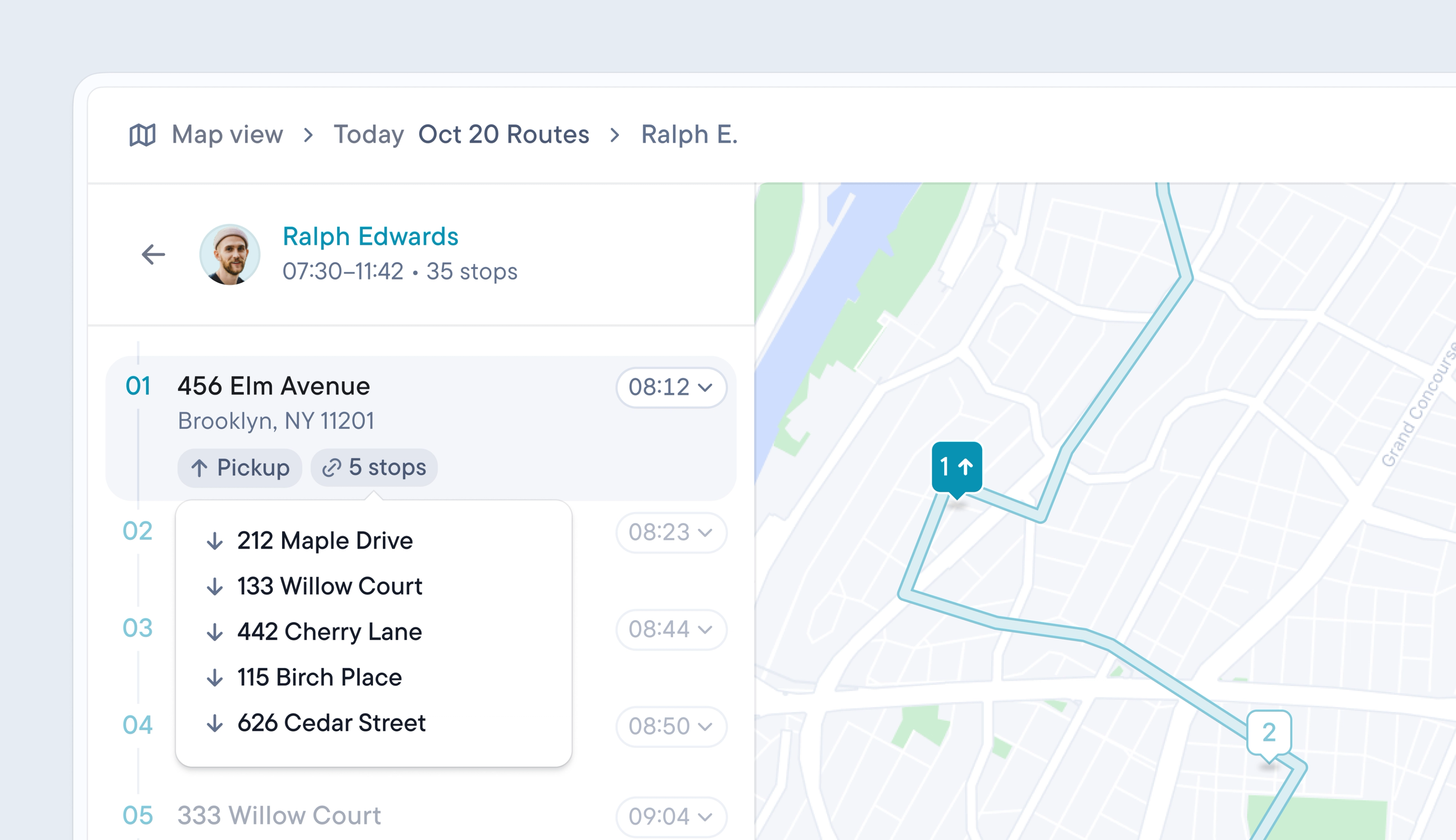 User interface displaying a delivery route with a drop off and linked pick up