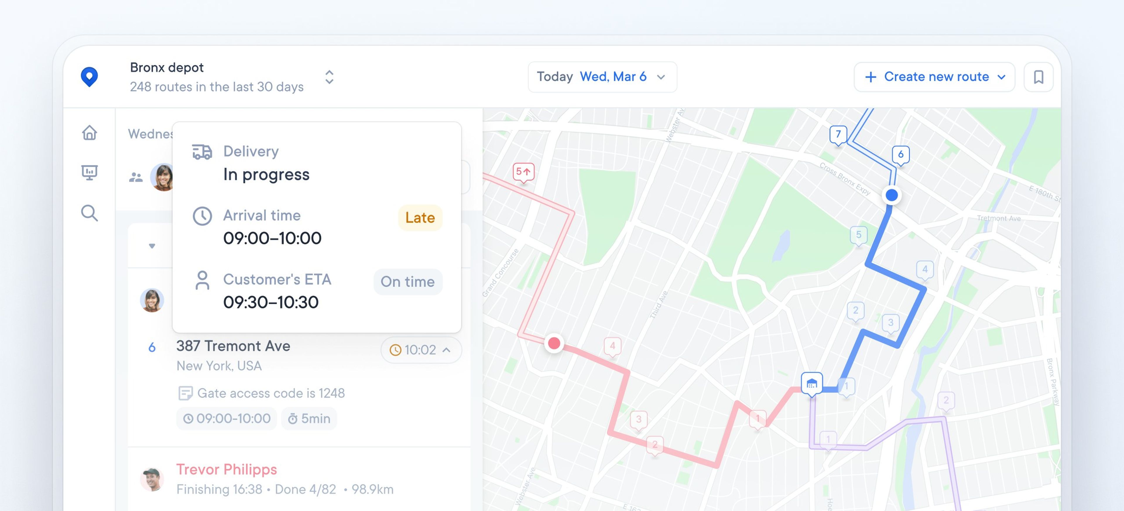 Spoke Dispatch screenshot showing GPS map with multiple delivery routes and ETA