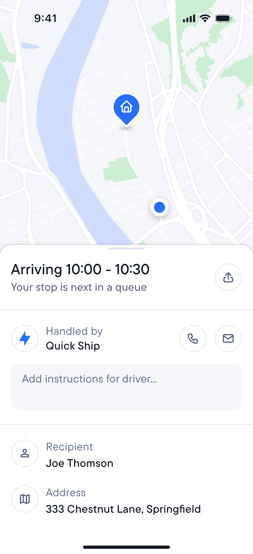 Spoke Route Planner screen showing a map with a destination, estimated arrival time, and recipient details.