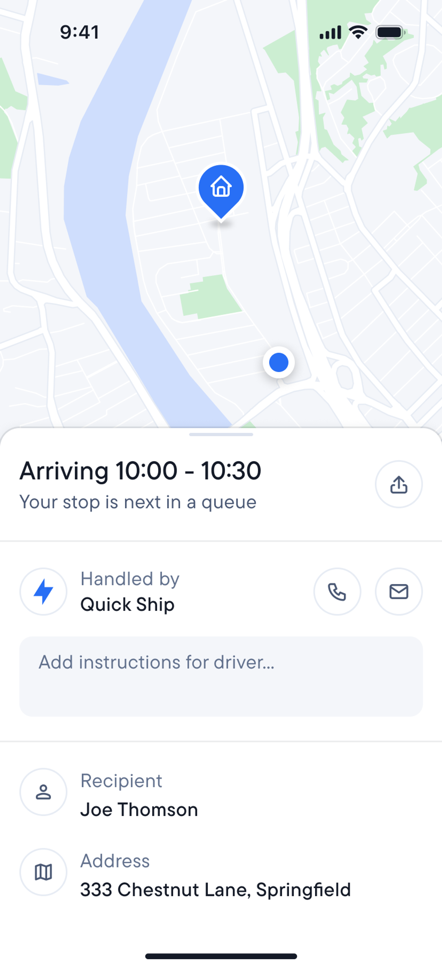 Spoke Route Planner screen showing a map with a destination, estimated arrival time, and recipient details.