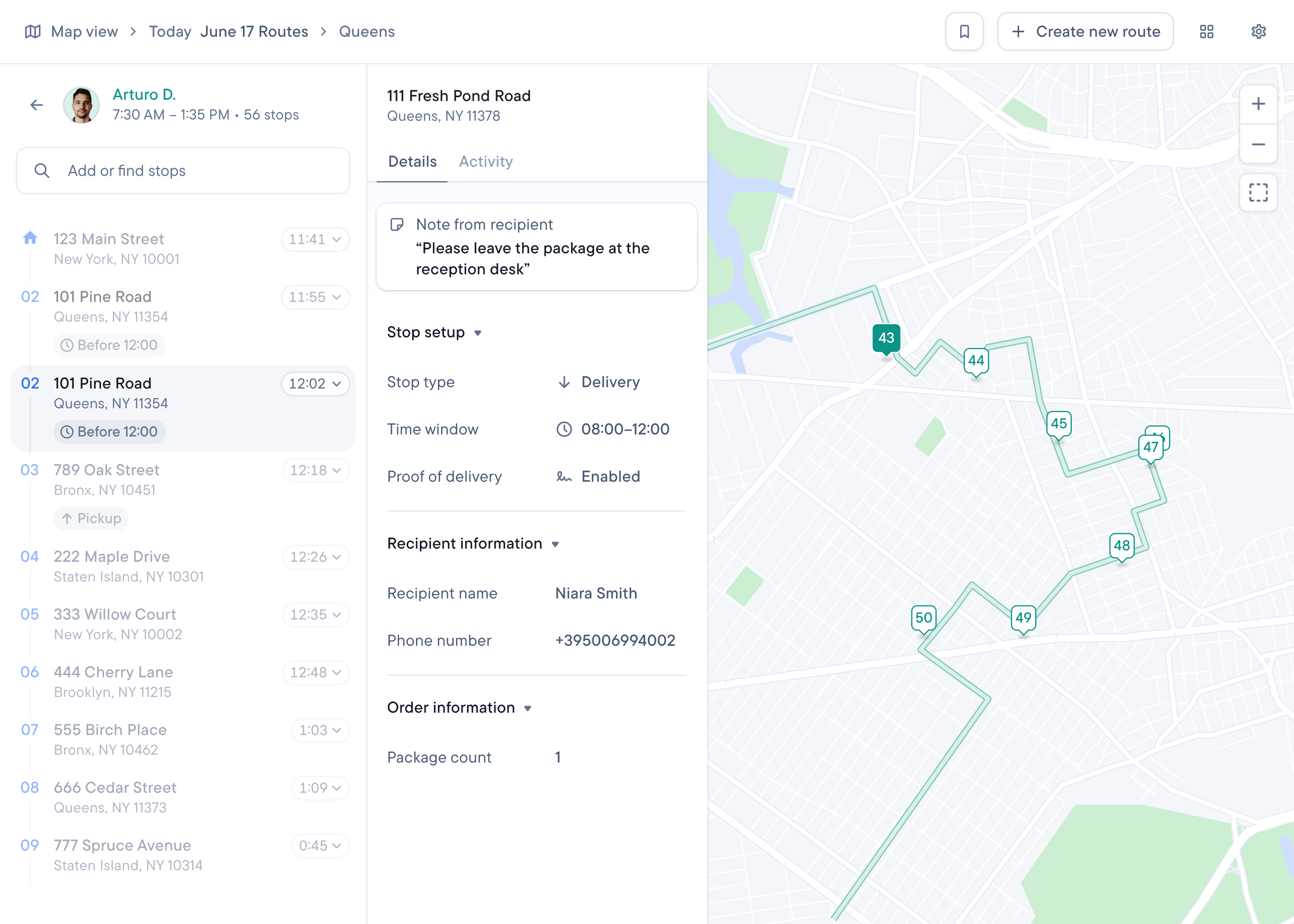 Dispatch showing a list of delivery stops, details for a selected stop including recipient notes, and a map of the delivery route in Queens.