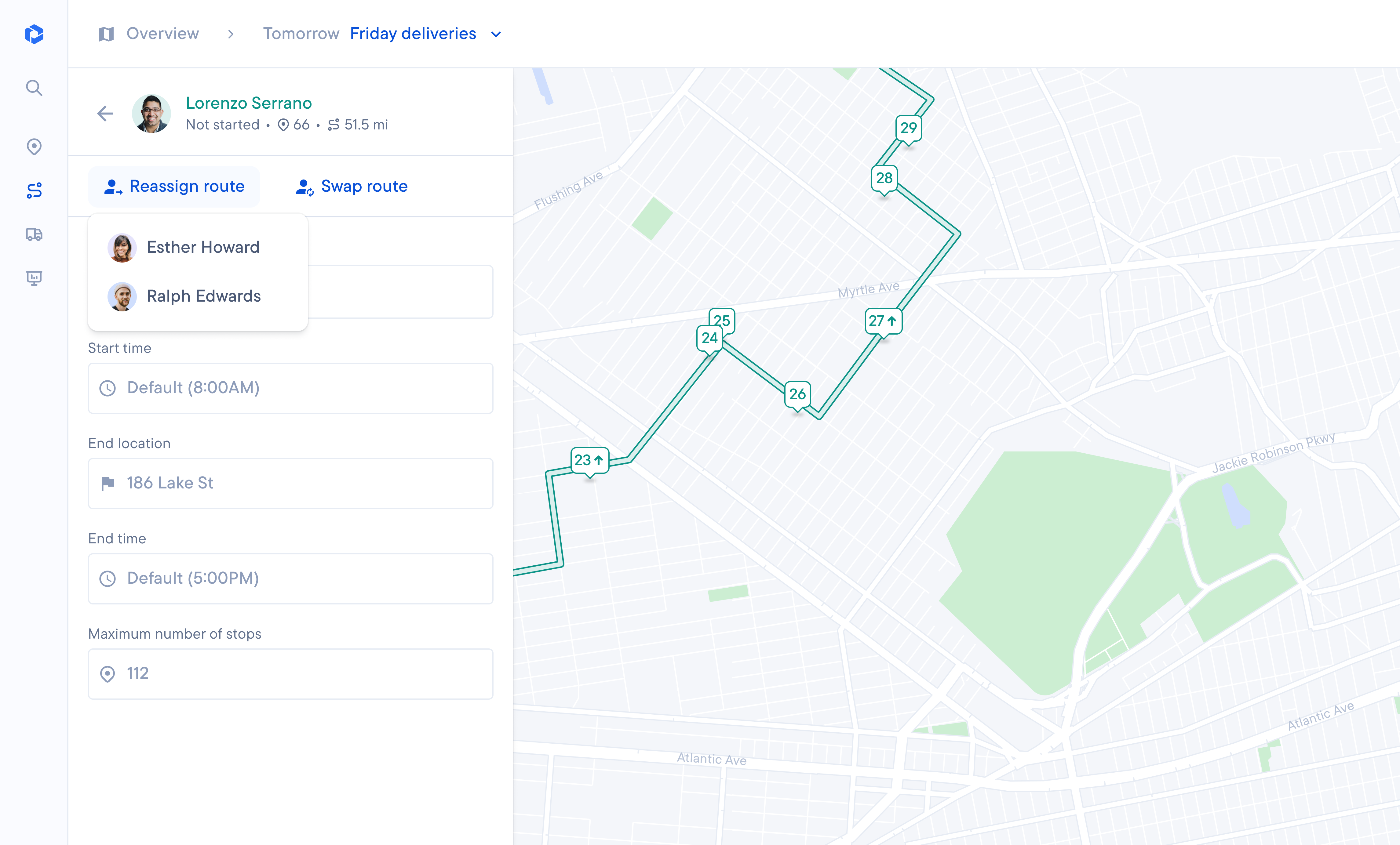 A route management interface with a map displaying a delivery route with numbered stops and options to reassign the driver's route.