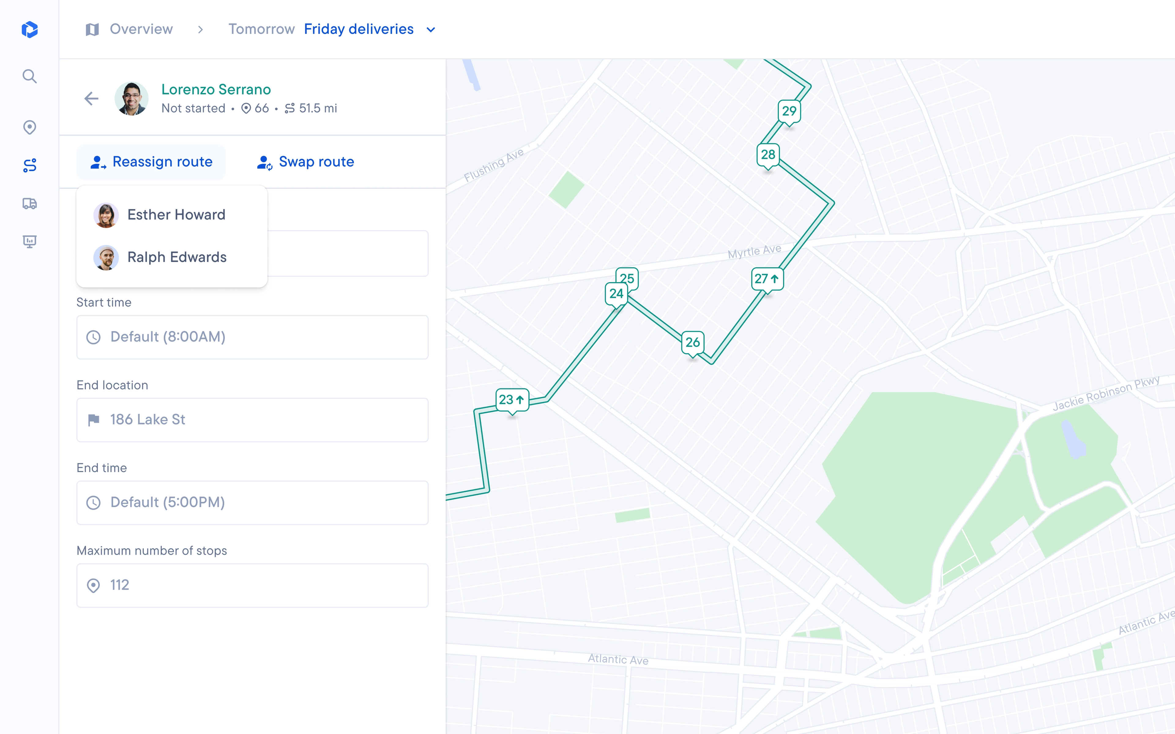 A route management interface with a map displaying a delivery route with numbered stops and options to reassign the driver's route.