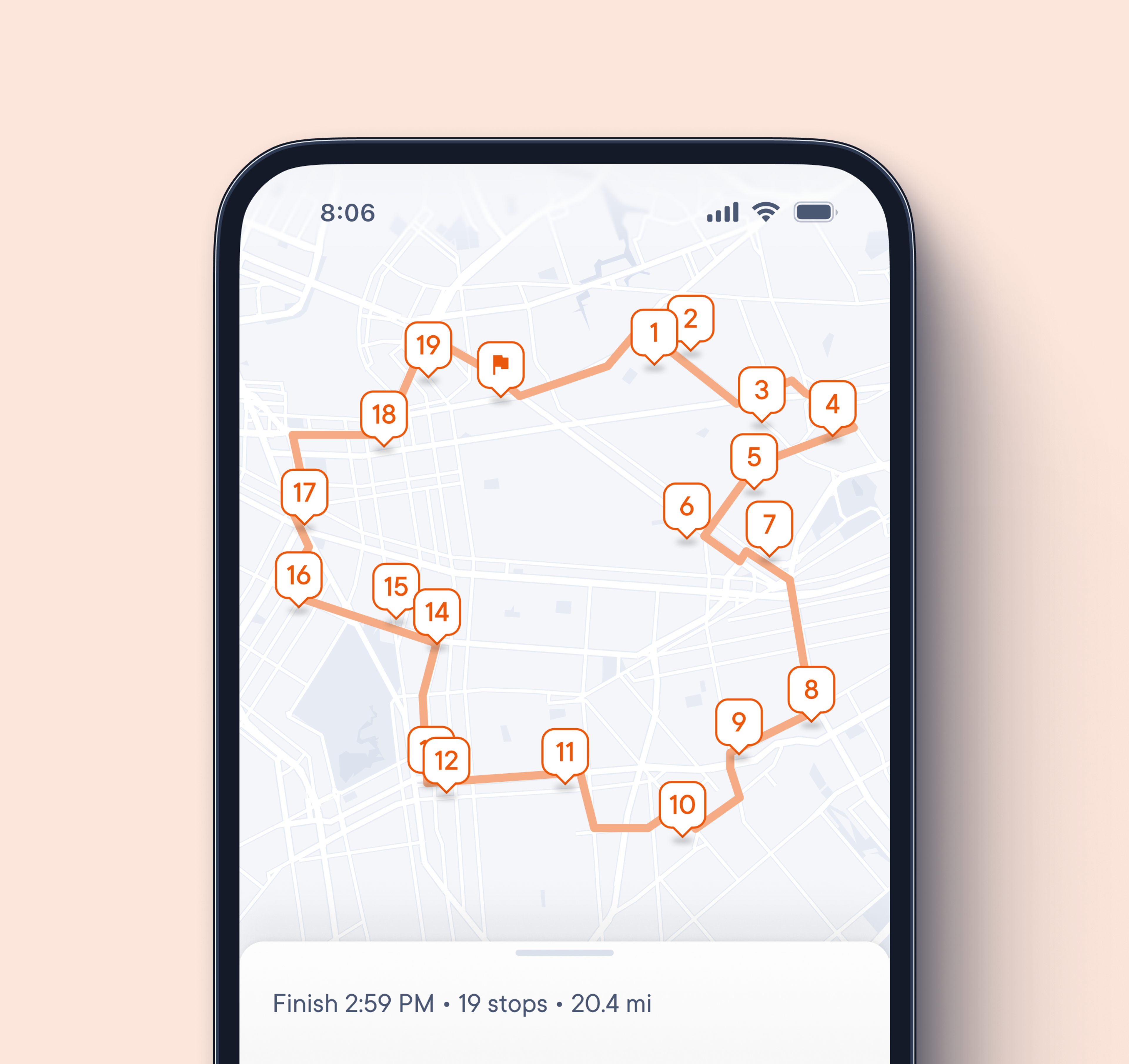 Mobile device screen showing a full delivery route on a map with 19 stops marked in numerical order, forming a complete loop.