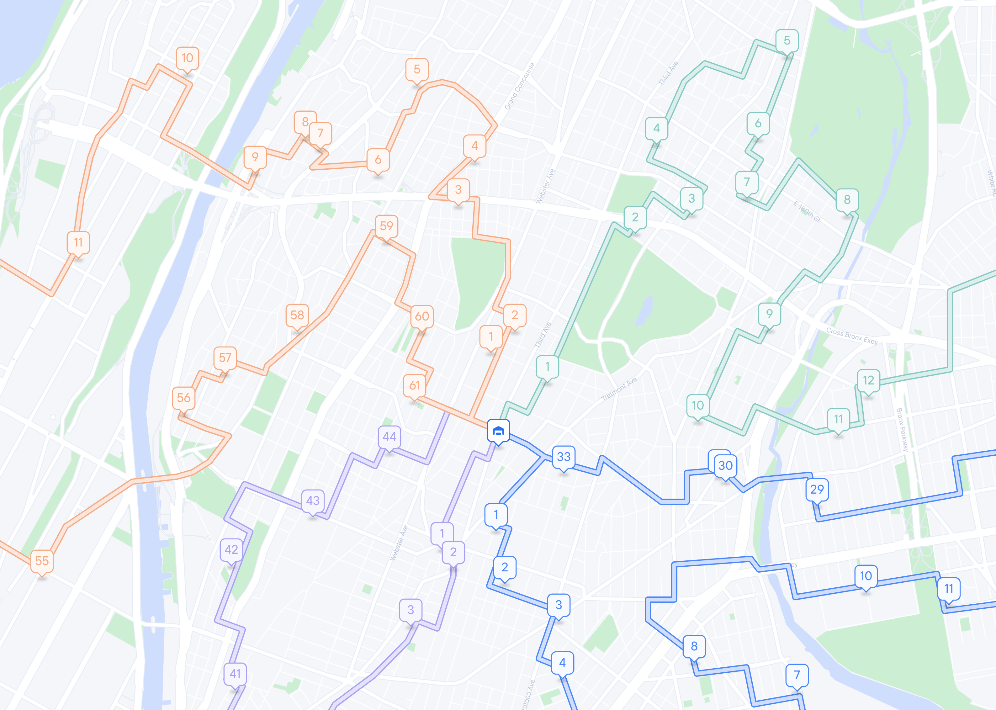 Map showing several color-coded routes with numbered stops originating from a central hub.