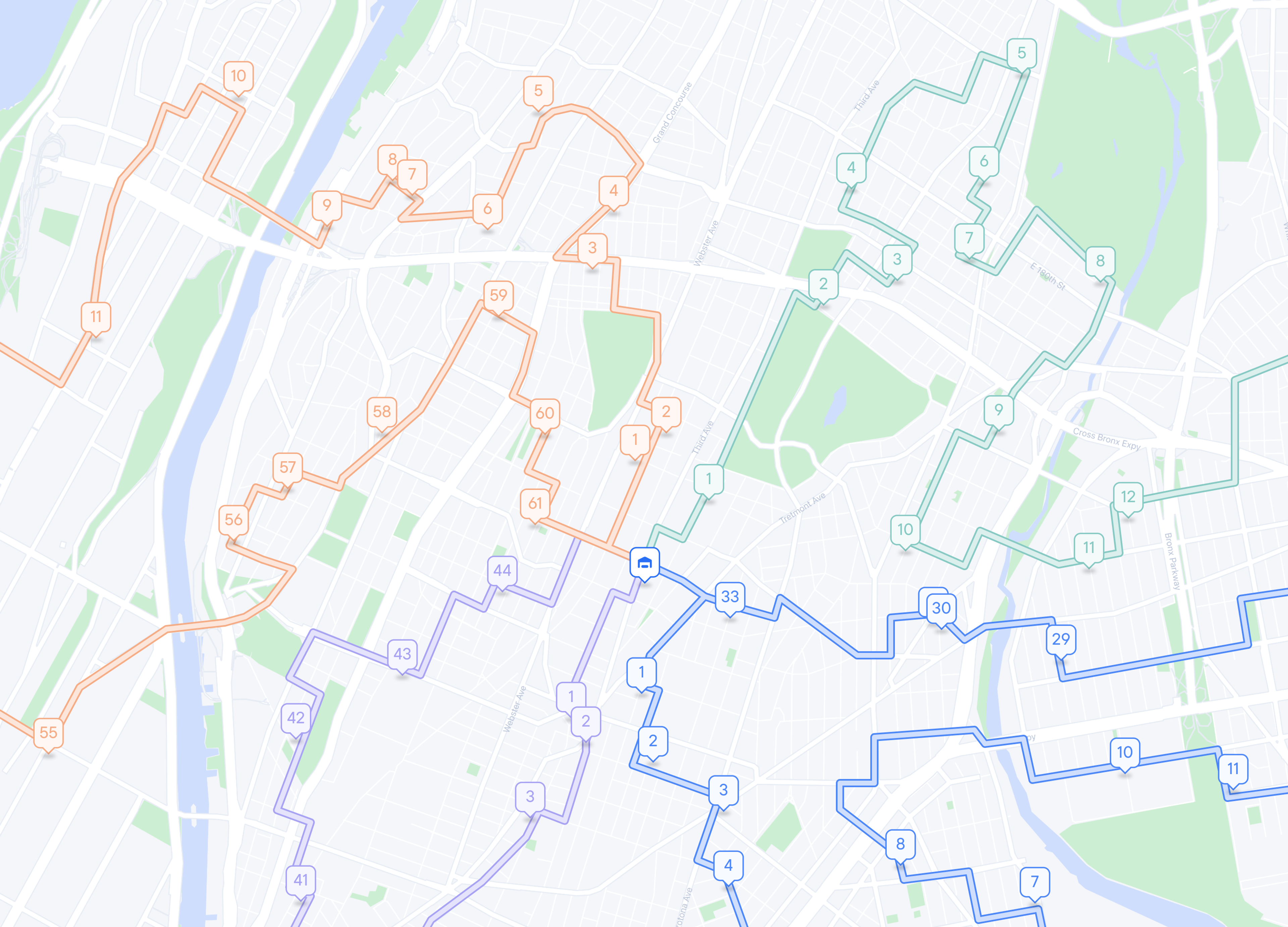 Map showing several color-coded routes with numbered stops originating from a central hub.