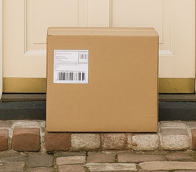 A cardboard shipping box with a label sits on a brick doorstep in front of a door.