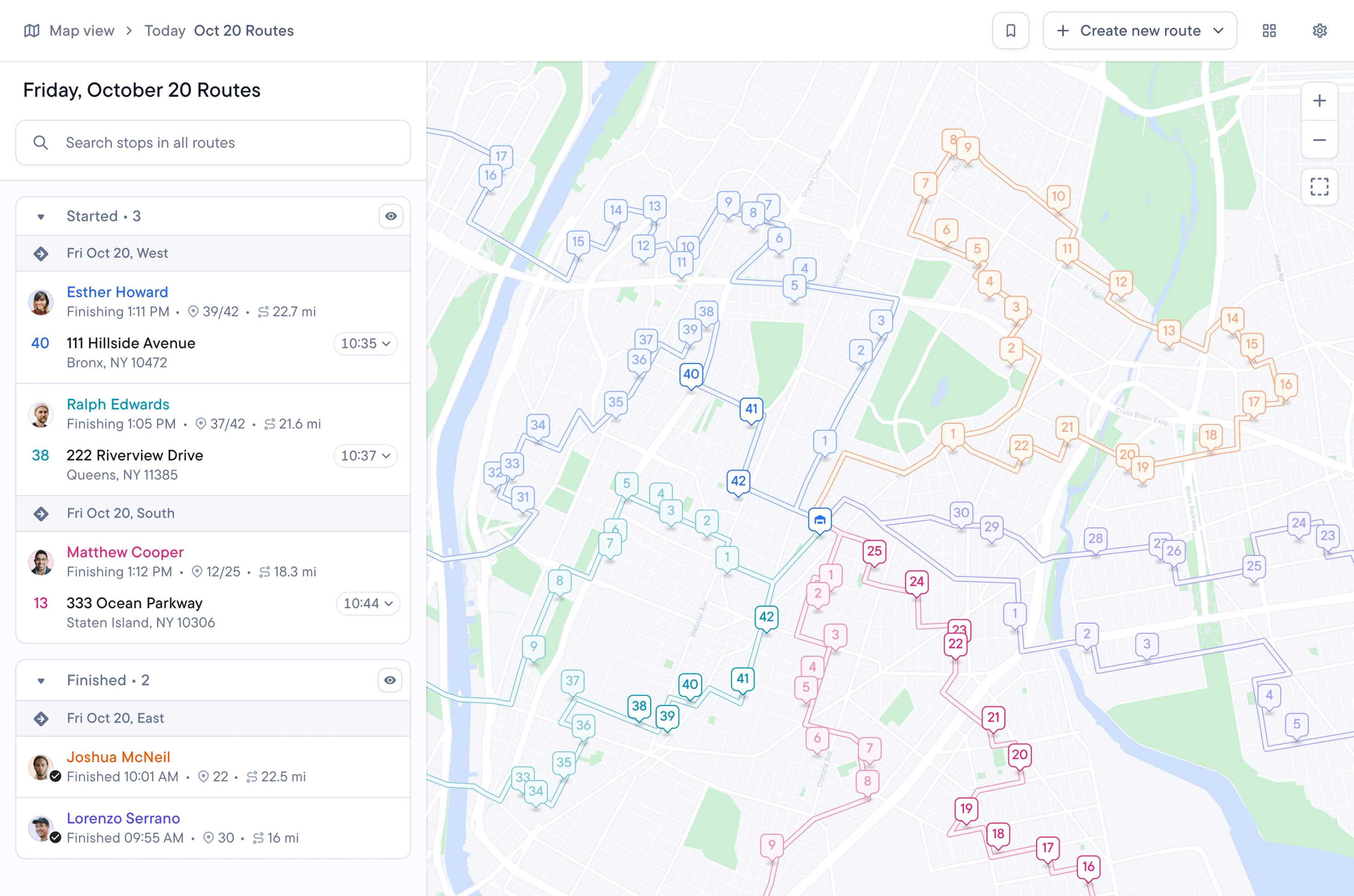 Live map of every route in Spoke Dispatch, color-coded by driver