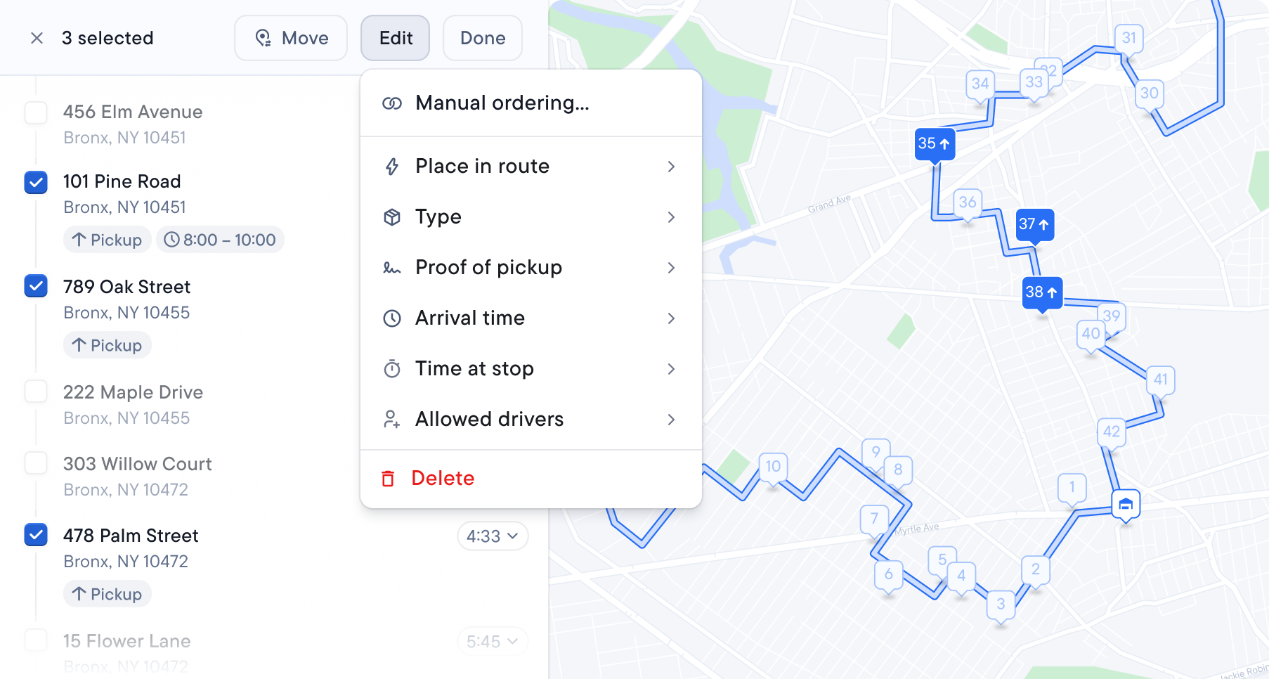 Spoke Dispatch displaying a list of 3 selected stops, an open "Edit" menu with a "Delete" option, and a map illustrating a multi-stop delivery route.