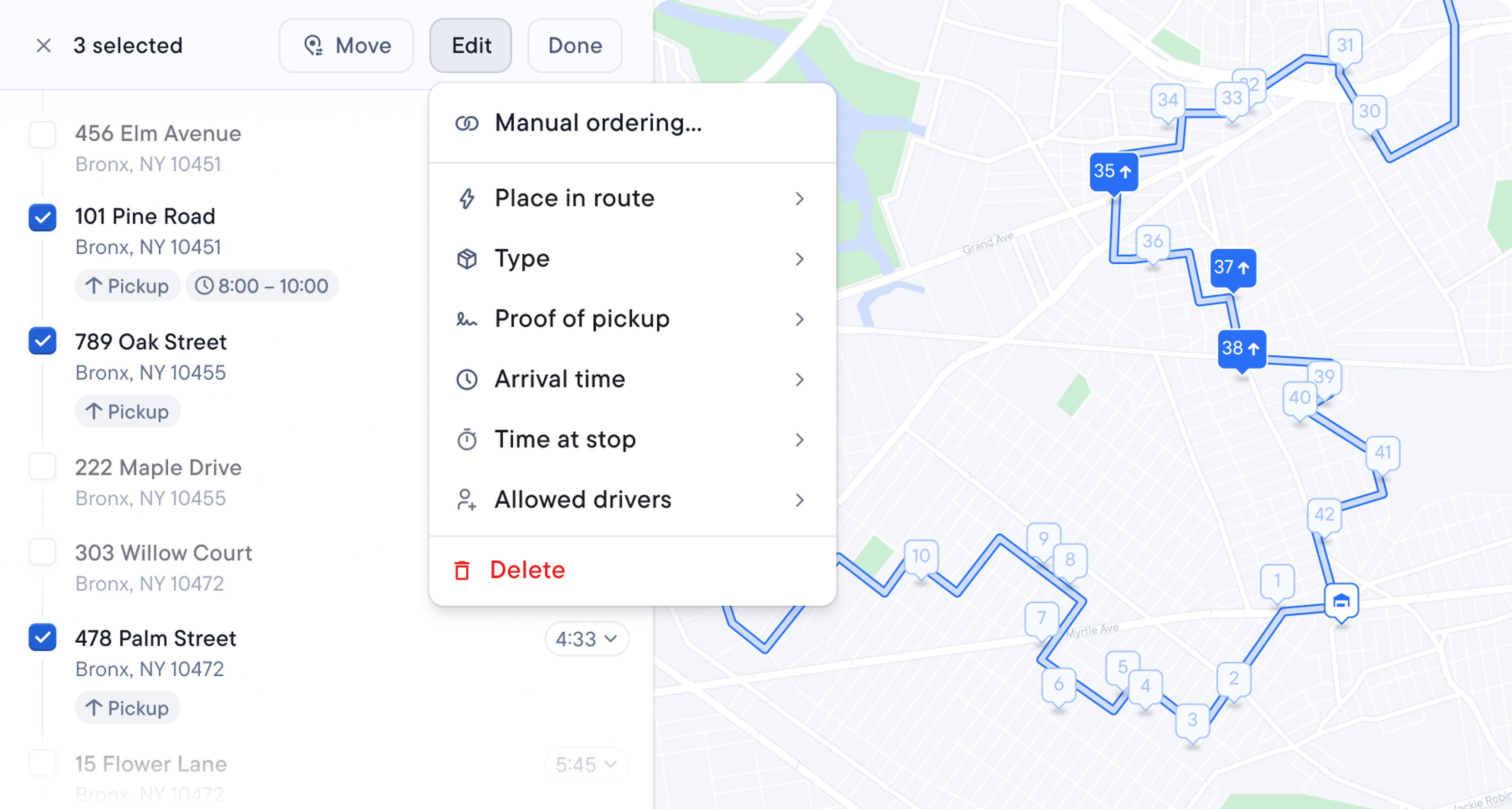 Spoke Dispatch displaying a list of 3 selected stops, an open "Edit" menu with a "Delete" option, and a map illustrating a multi-stop delivery route.