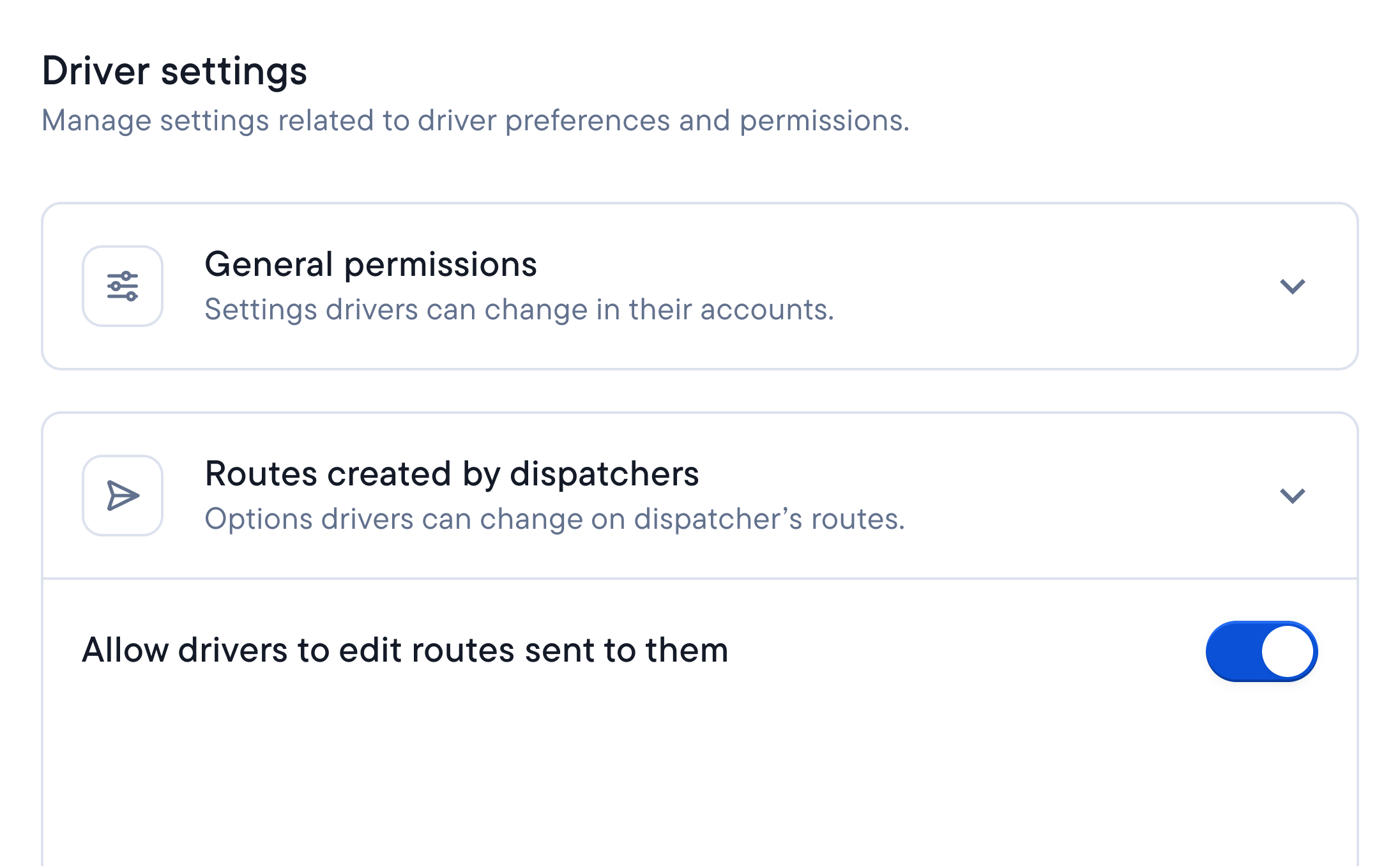 Driver settings interface with sections for "General permissions" and "Routes created by dispatchers," showing a toggle switch to "Allow drivers to edit routes sent to them" in the 'on' position.
