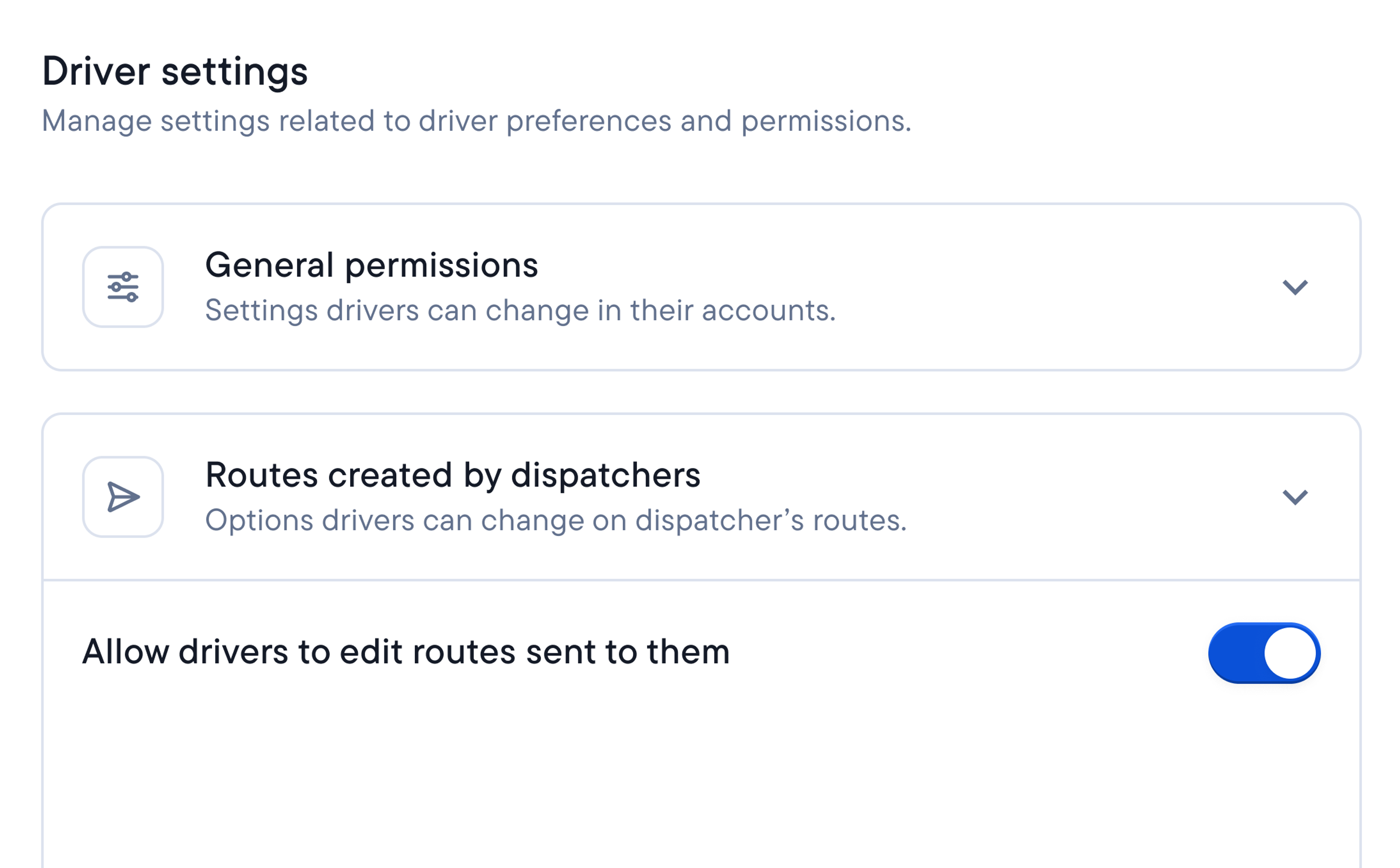 Driver settings interface with sections for "General permissions" and "Routes created by dispatchers," showing a toggle switch to "Allow drivers to edit routes sent to them" in the 'on' position.
