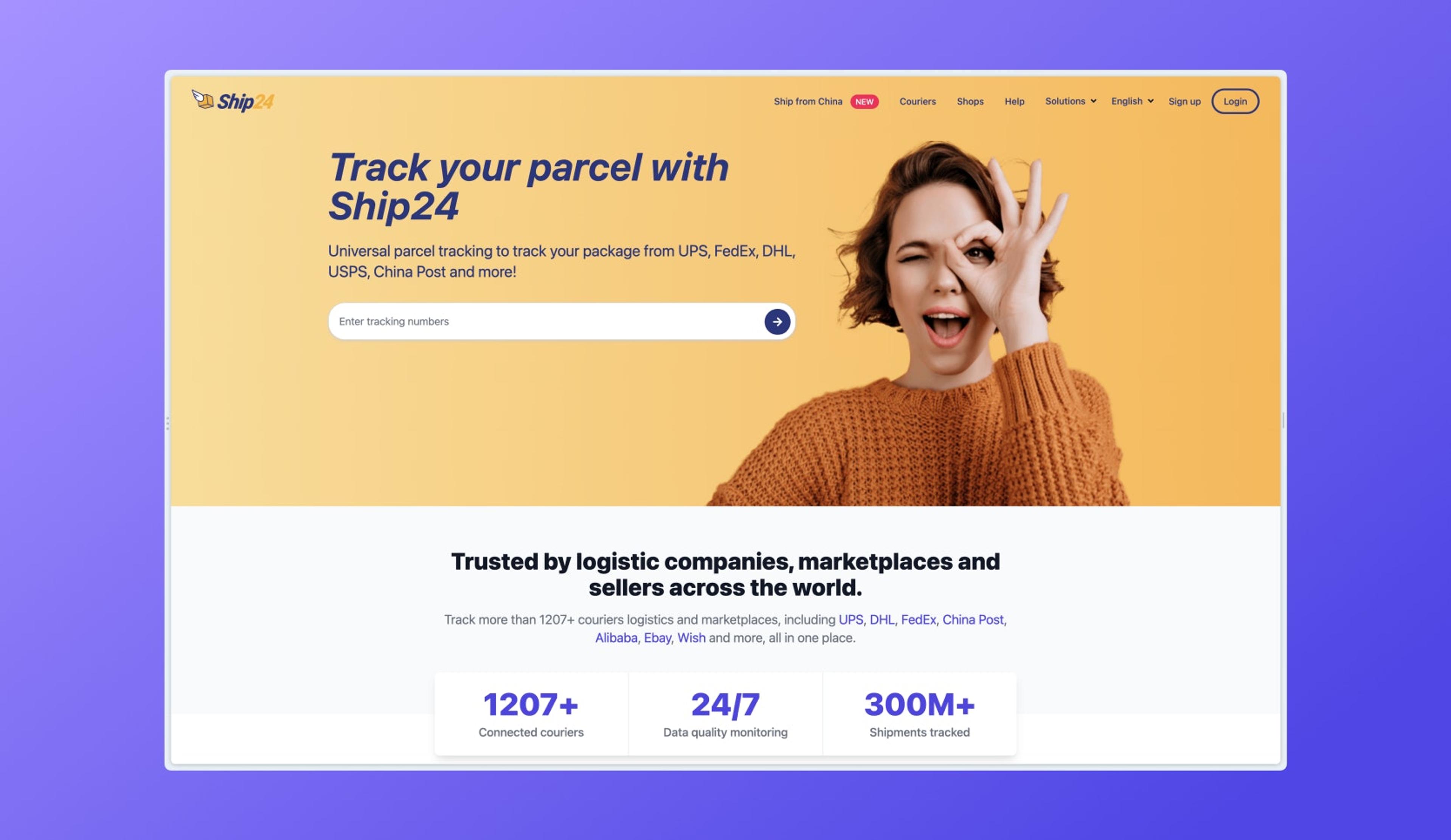 Website landing page for Ship24