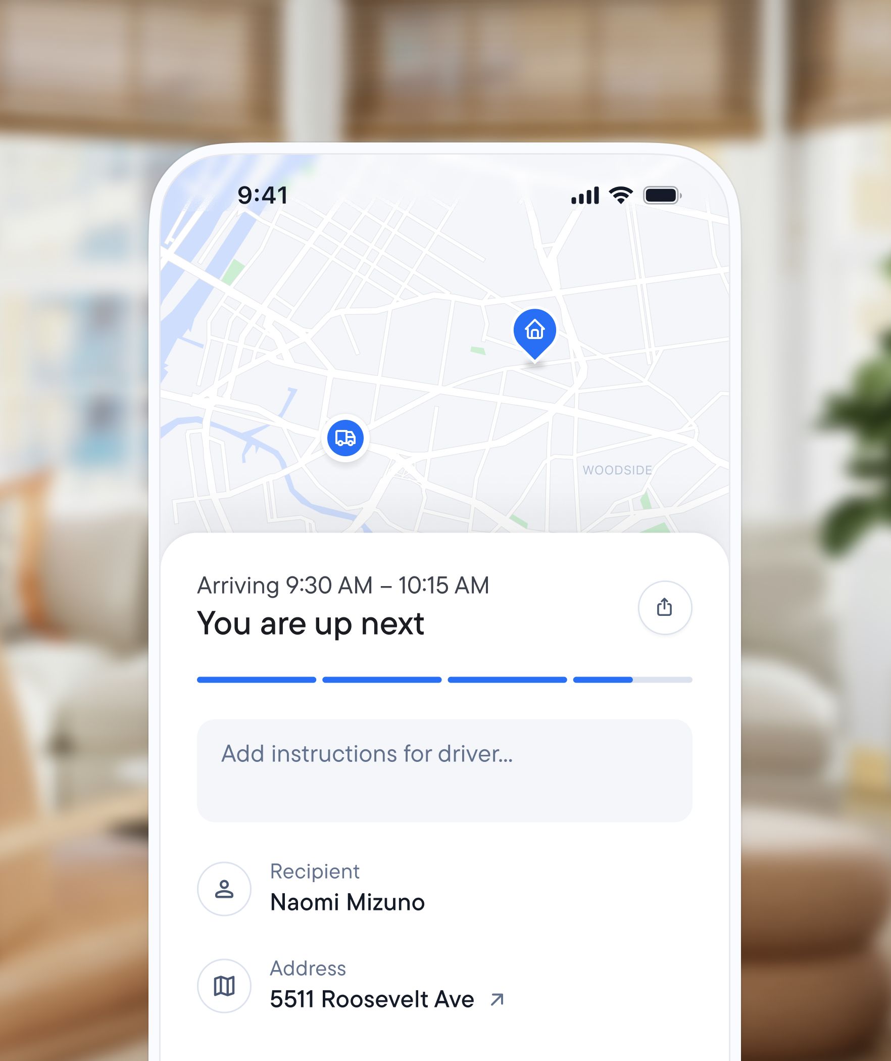 Delivery tracking screen with a map, estimated arrival time, and recipient details.