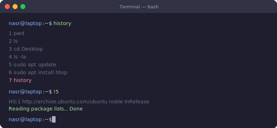 Terminal window showing the history command in action