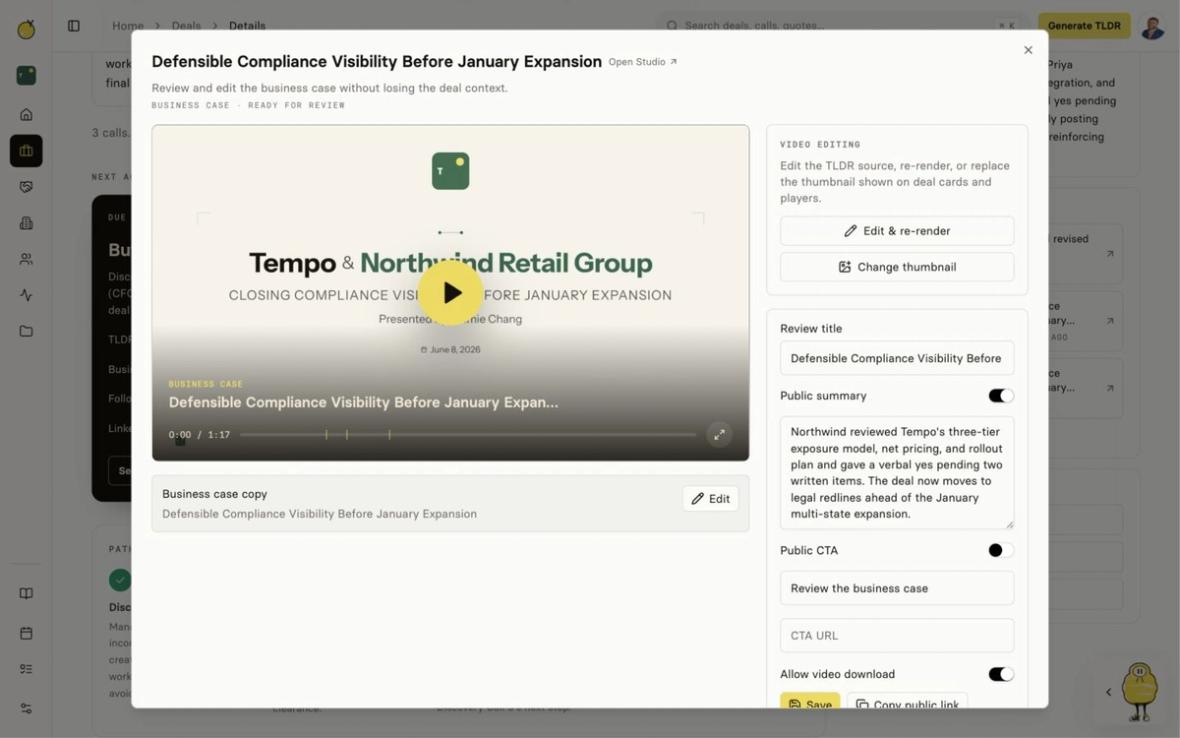 Yuzu review modal showing a buyer-facing business case video and editable proof package