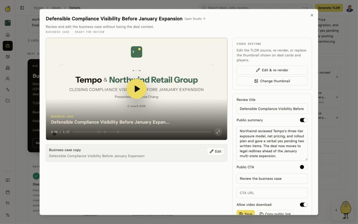 Yuzu review modal showing a buyer-facing business case video and editable proof package