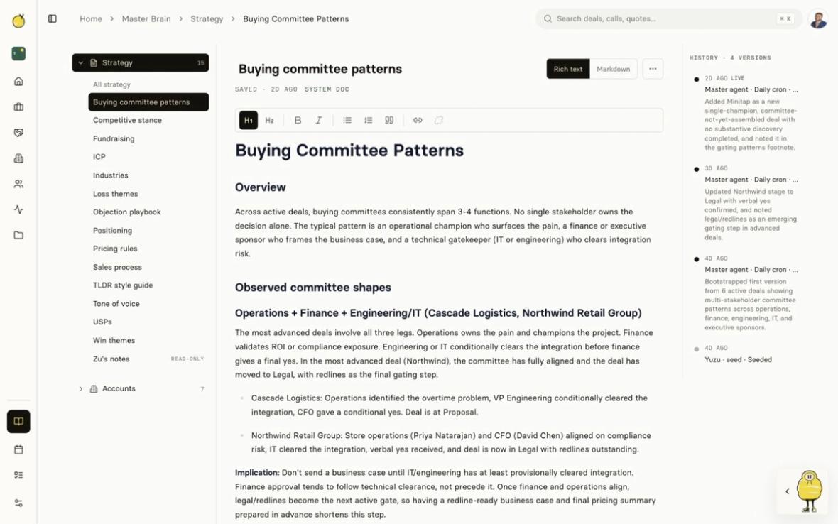 Yuzu Master Brain strategy document showing stored buying committee patterns