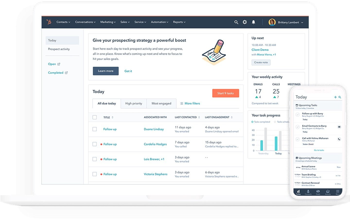 HubSpot contact record showing a CRM card in the right sidebar