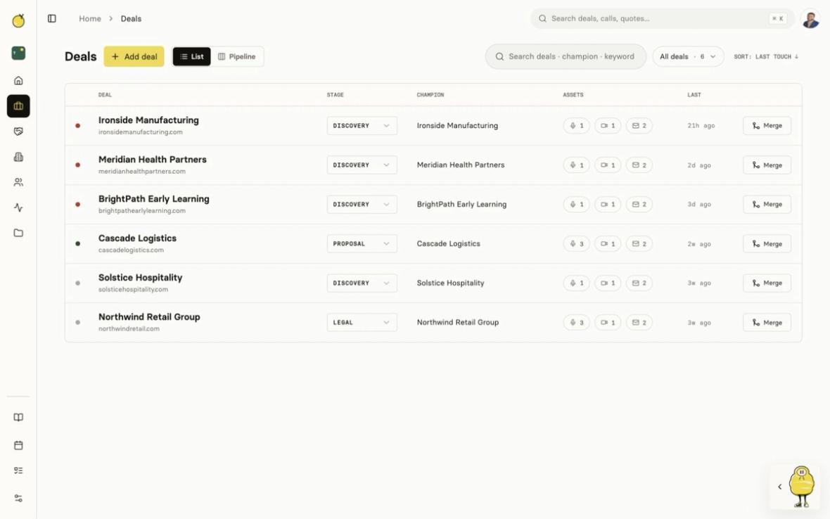 Yuzu deals workspace showing opportunities, stages, champions, and deal assets
