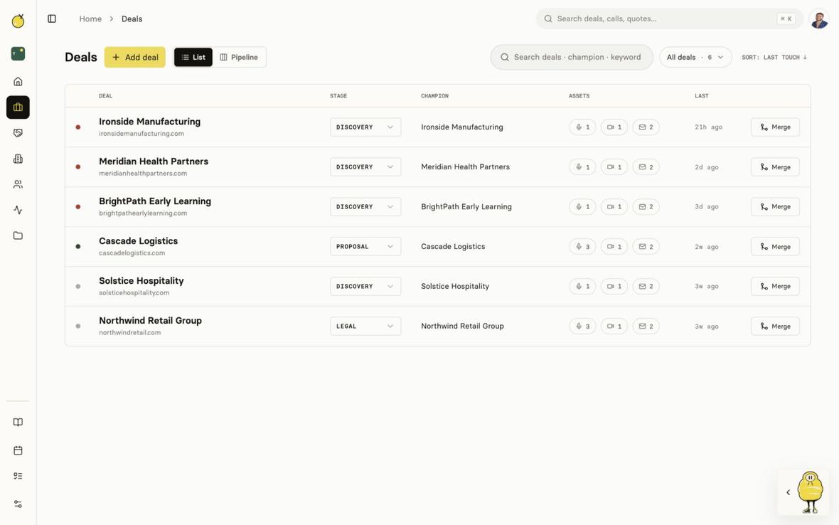 Yuzu deals workspace showing opportunities, stages, champions, and deal assets