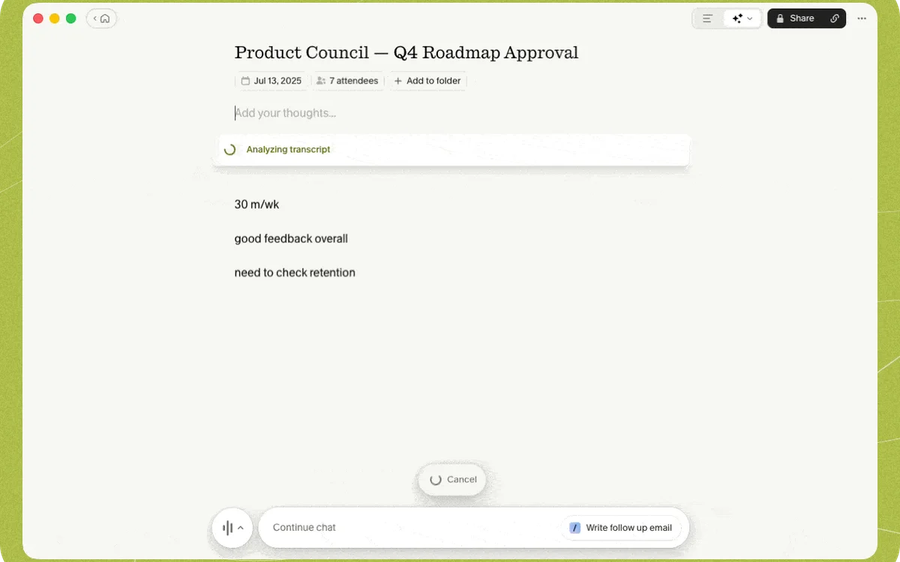 Granola note editor UI showing meeting notes, transcript analysis, and follow-up prompt
