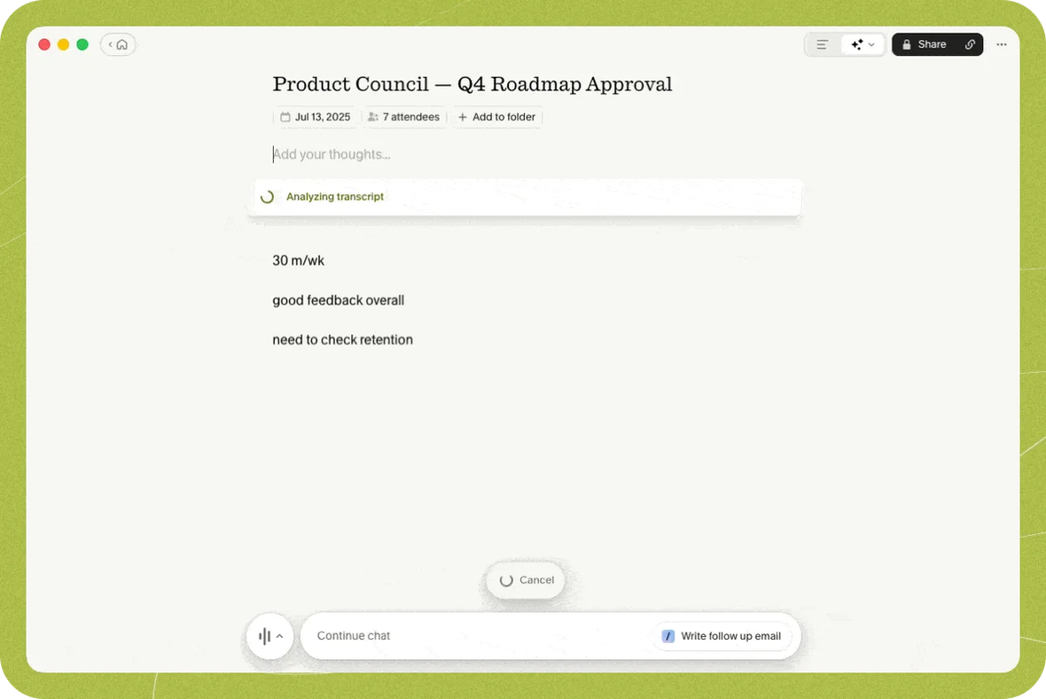 Granola note editor UI showing meeting notes, transcript analysis, and follow-up prompt