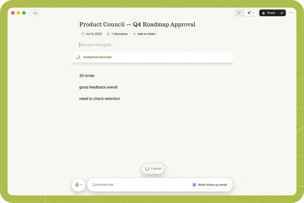 Granola note editor UI showing meeting notes, transcript analysis, and follow-up prompt