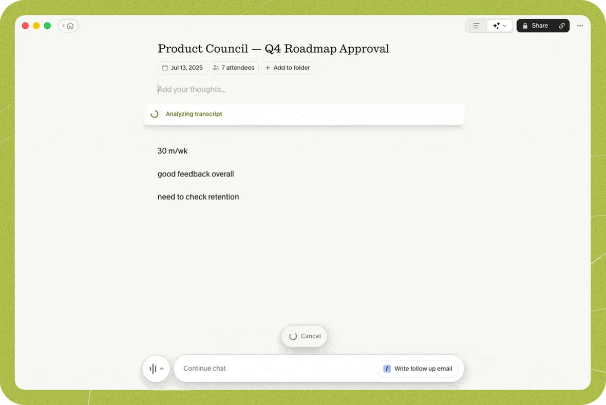 Granola note editor UI showing meeting notes, transcript analysis, and follow-up prompt
