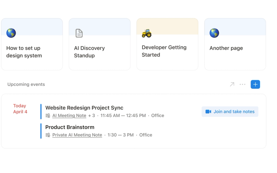 Notion AI meeting notes UI showing meetings and notes from the Notion homepage