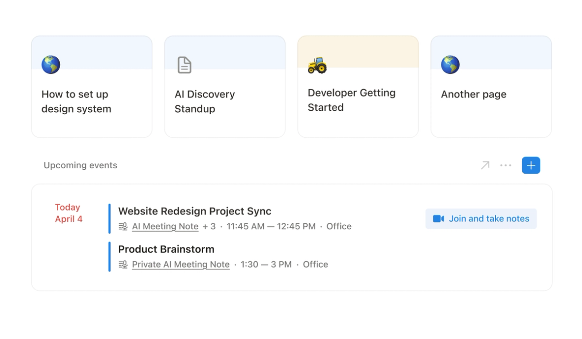 Notion AI meeting notes UI showing meetings and notes from the Notion homepage