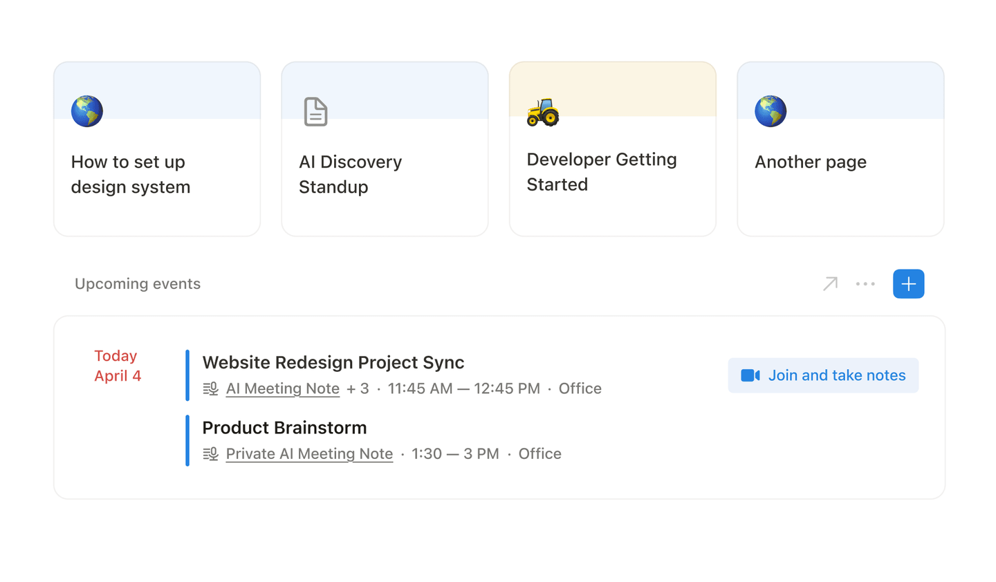 Notion AI meeting notes UI showing meetings and notes from the Notion homepage