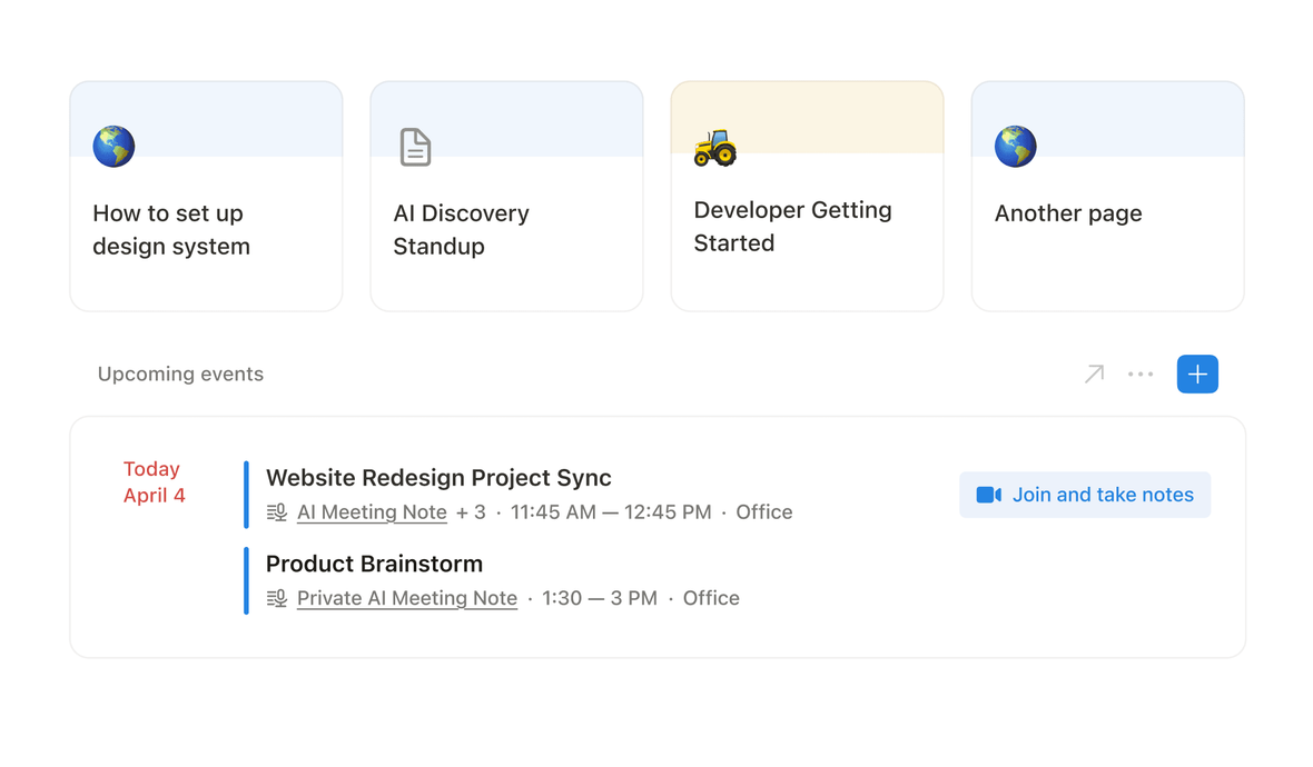 Notion AI meeting notes UI showing meetings and notes from the Notion homepage
