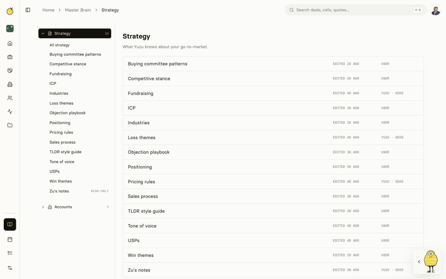 Yuzu Master Brain strategy workspace showing GTM memory from the Tempo sandbox