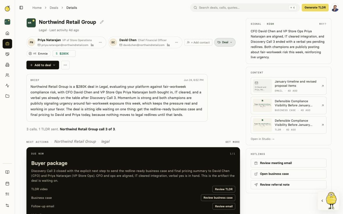 Yuzu live deal view showing the signal behind forecast risk and the next buyer package to send