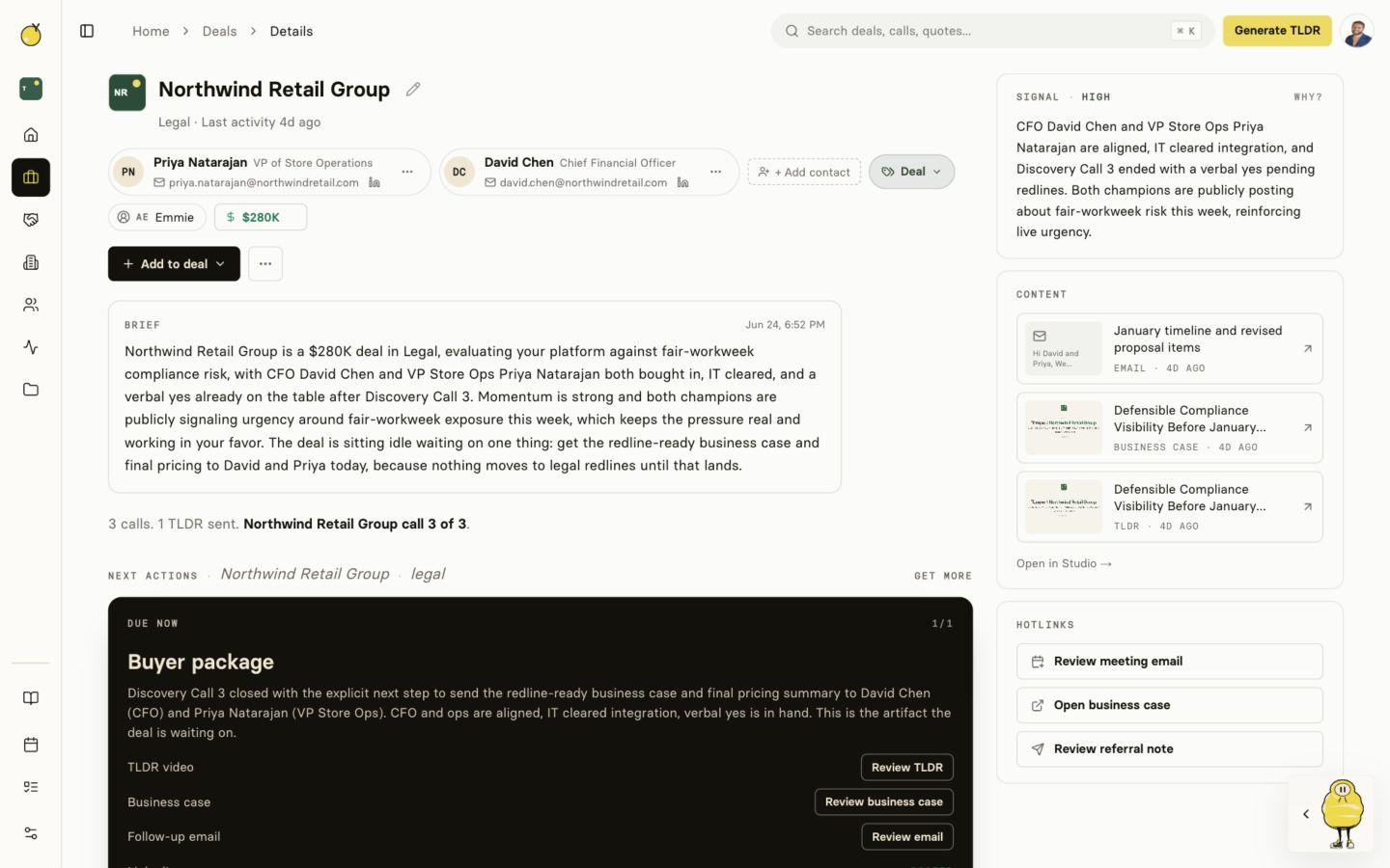 Yuzu live deal view showing a signal, next action package, and buyer content
