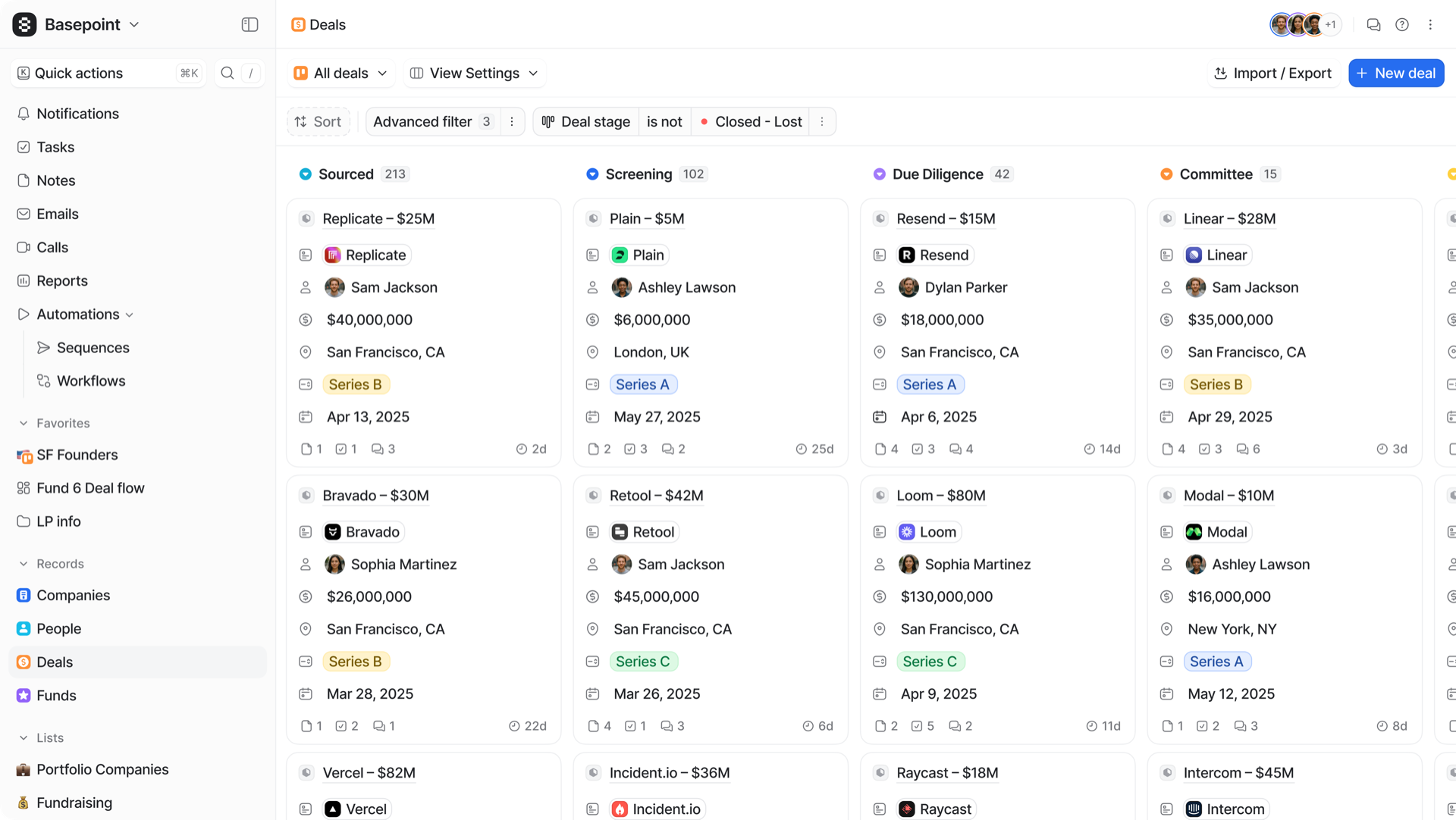 Attio deals kanban UI showing CRM deal pipeline stages