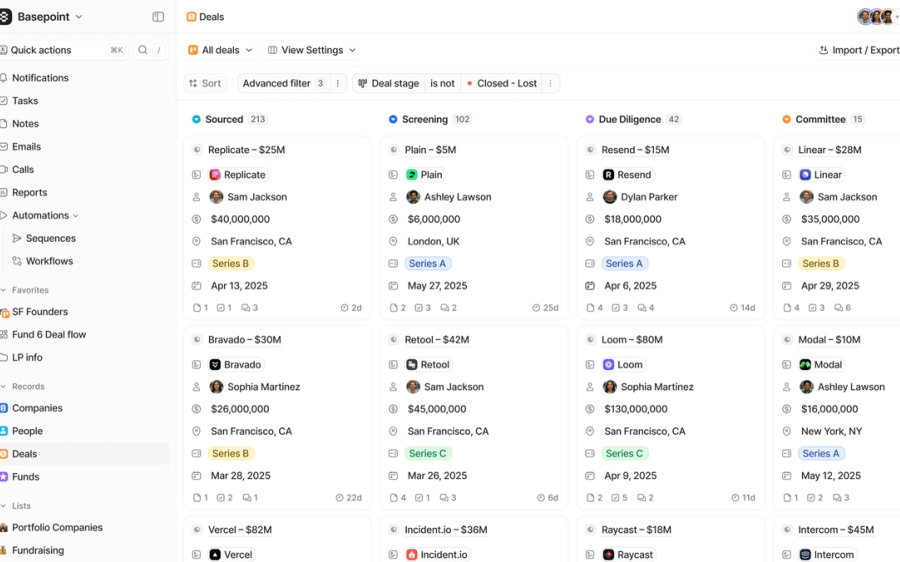 Attio deals kanban UI showing CRM deal pipeline stages
