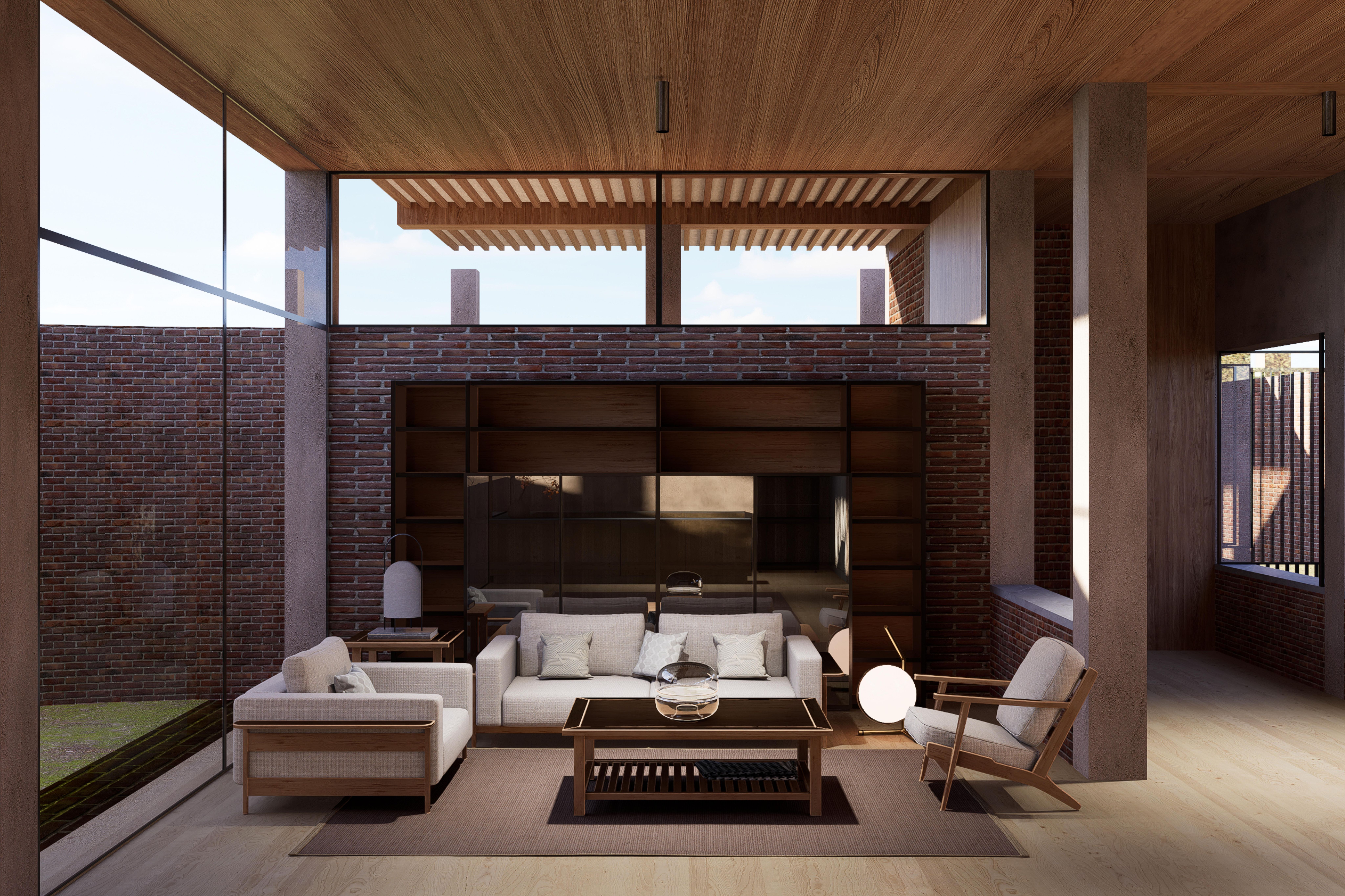 Framboyanes House - Double-height living room with exposed brick walls, a slatted timber ceiling and dark built-in shelving.