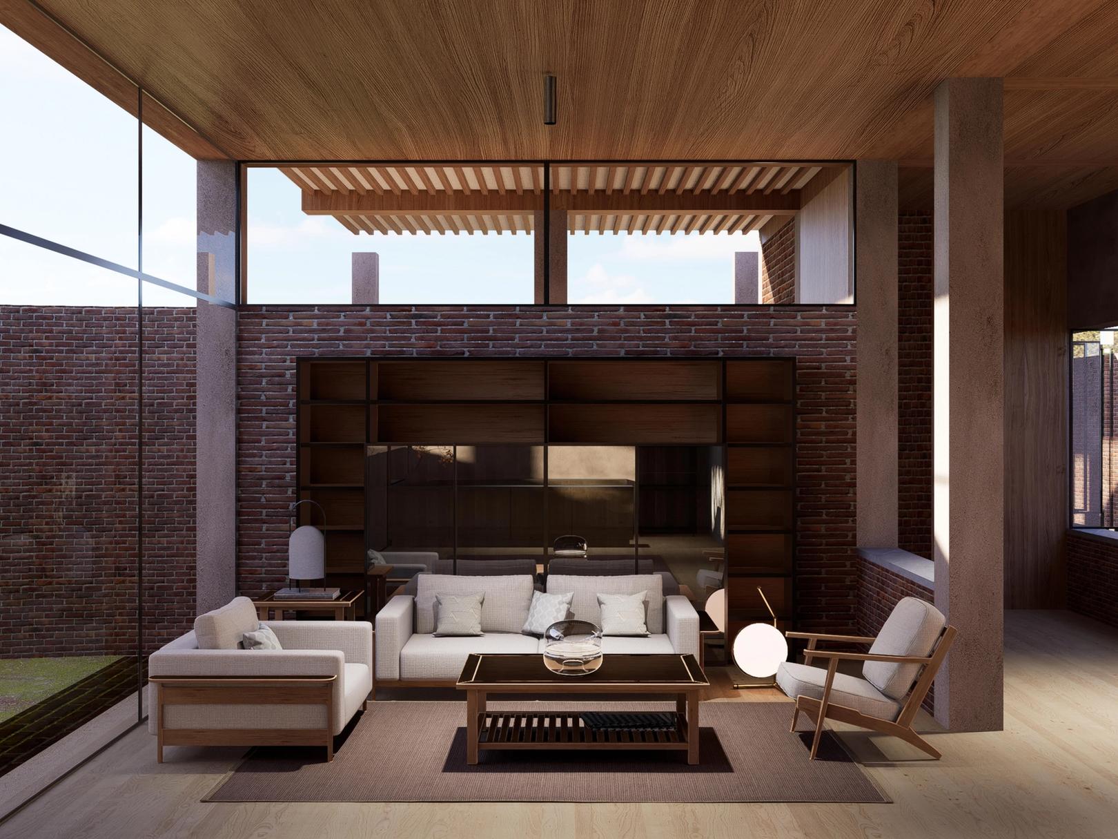 Framboyanes House - Double-height living room with exposed brick walls, a slatted timber ceiling and dark built-in shelving.