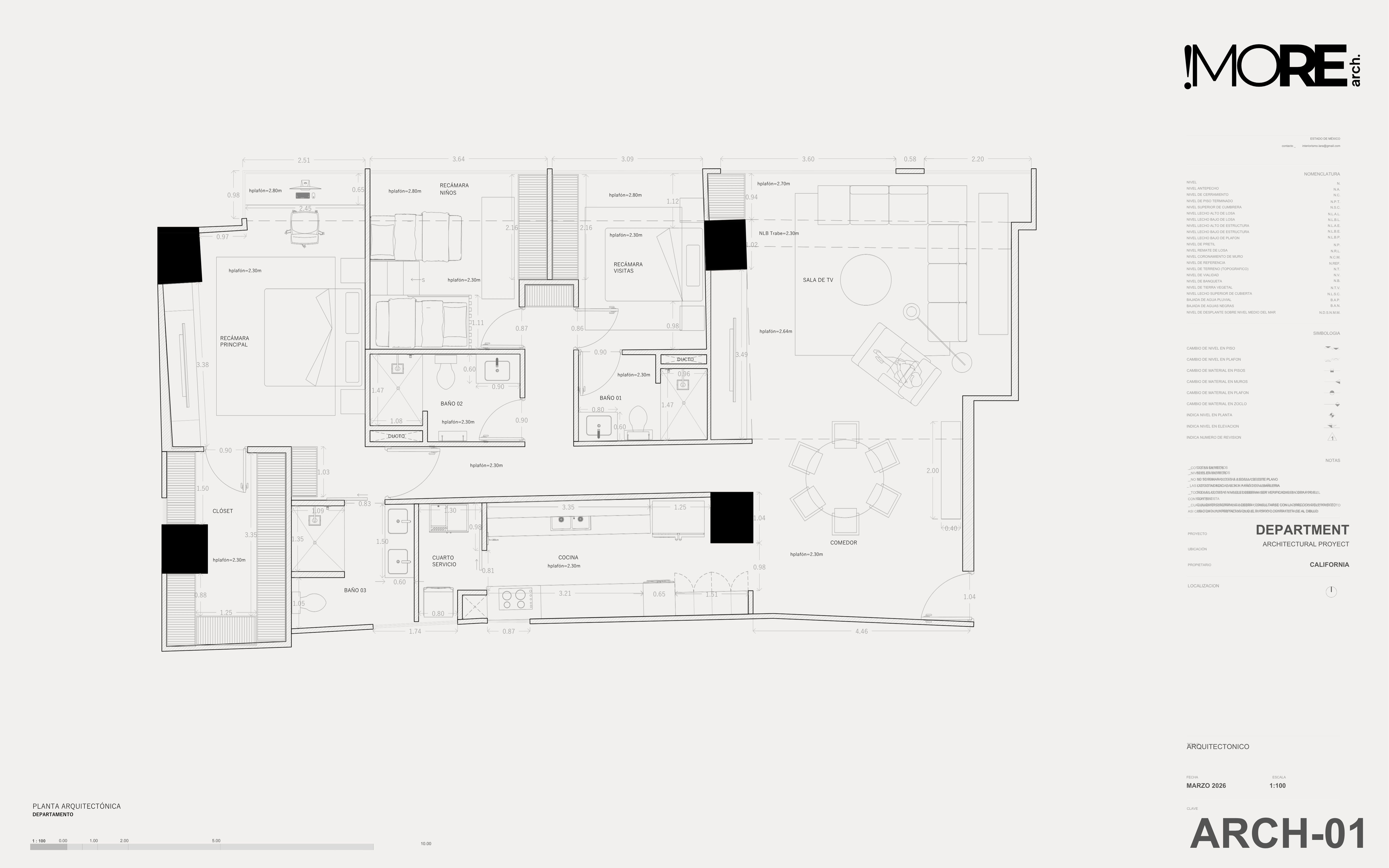 Architectural plan sheet ARCH-01 for an apartment, with a dimensioned layout and !MORE title block.